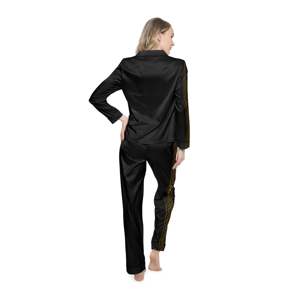Women’s Black Rune Satin Pajama Set | Black & Gold Nordic Sleepwear | Black Rune Works