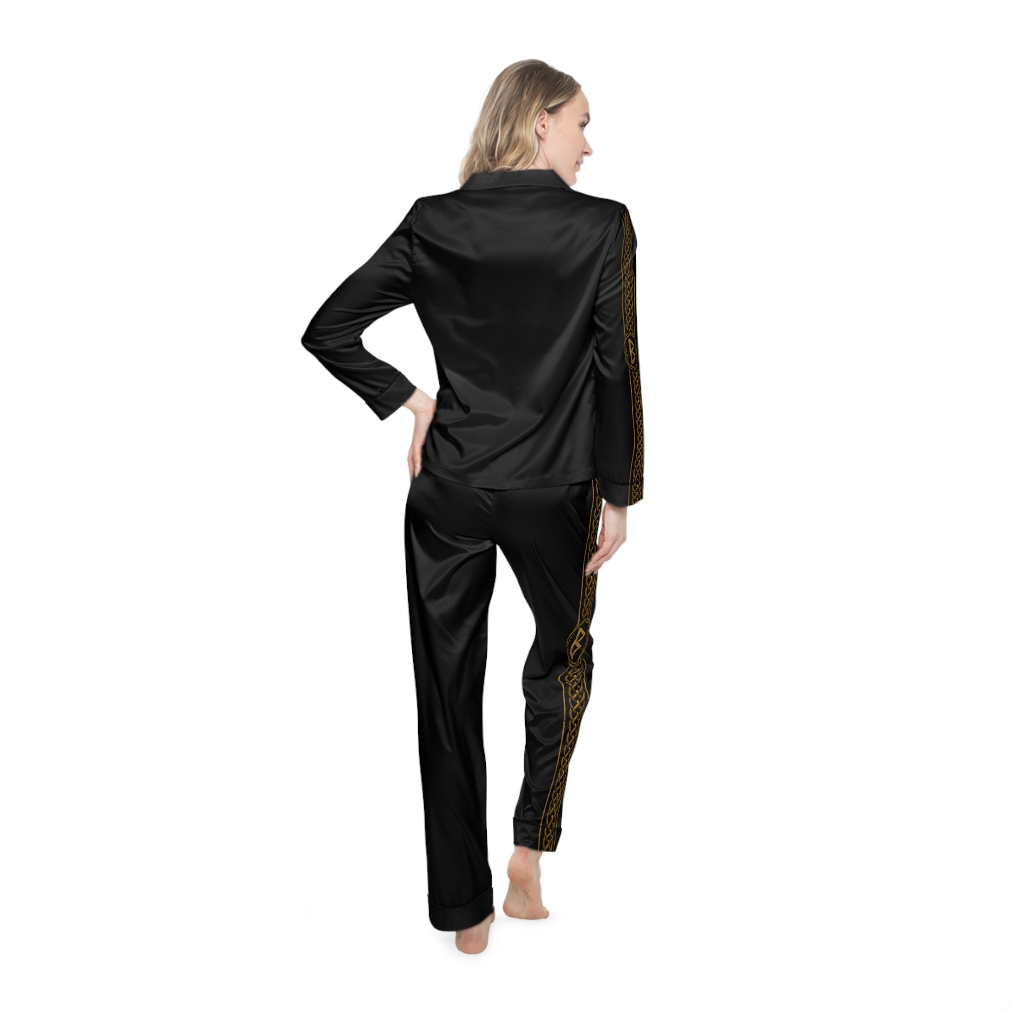 Women’s Black Rune Satin Pajama Set | Black & Gold Nordic Sleepwear | Black Rune Works