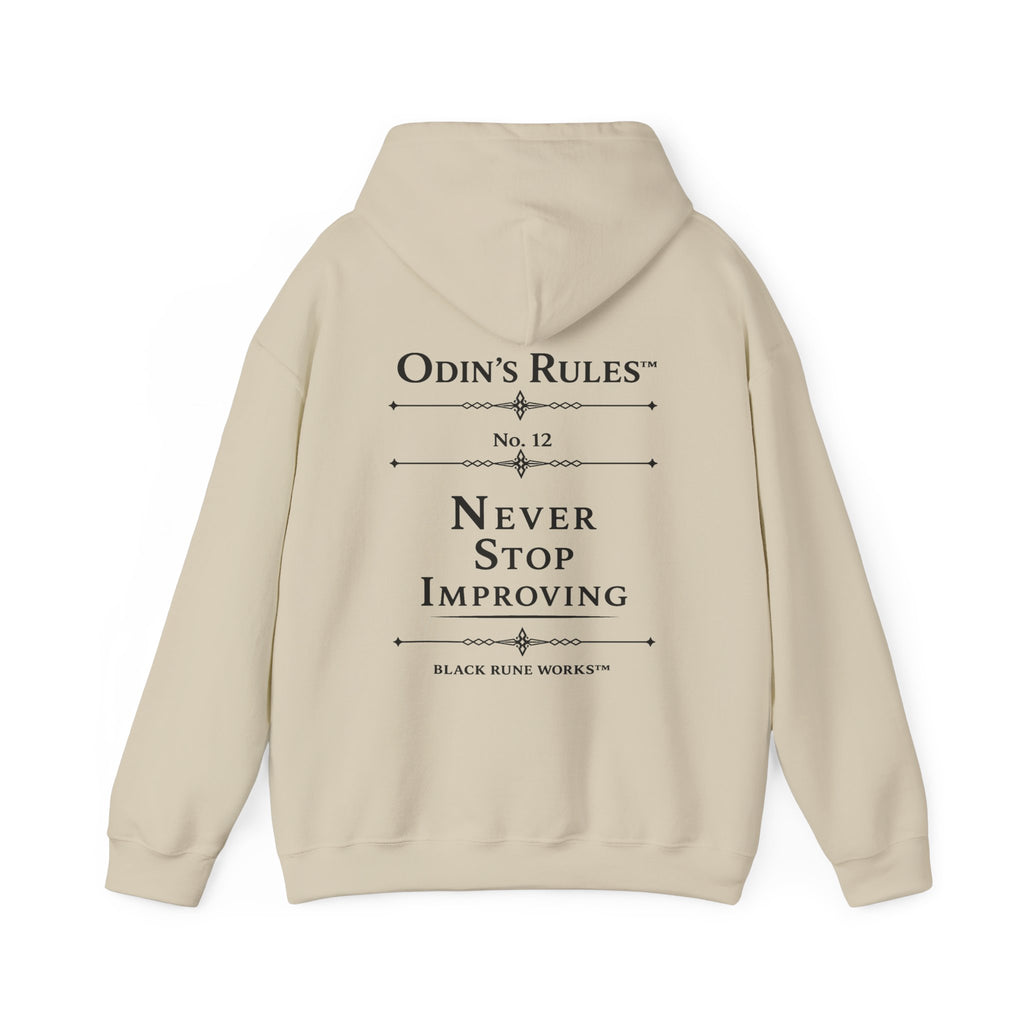 ODIN'S RULES™ Rule #12 | Never Stop Improving | Viking Norse Warrior Hoodie | Black Rune Works