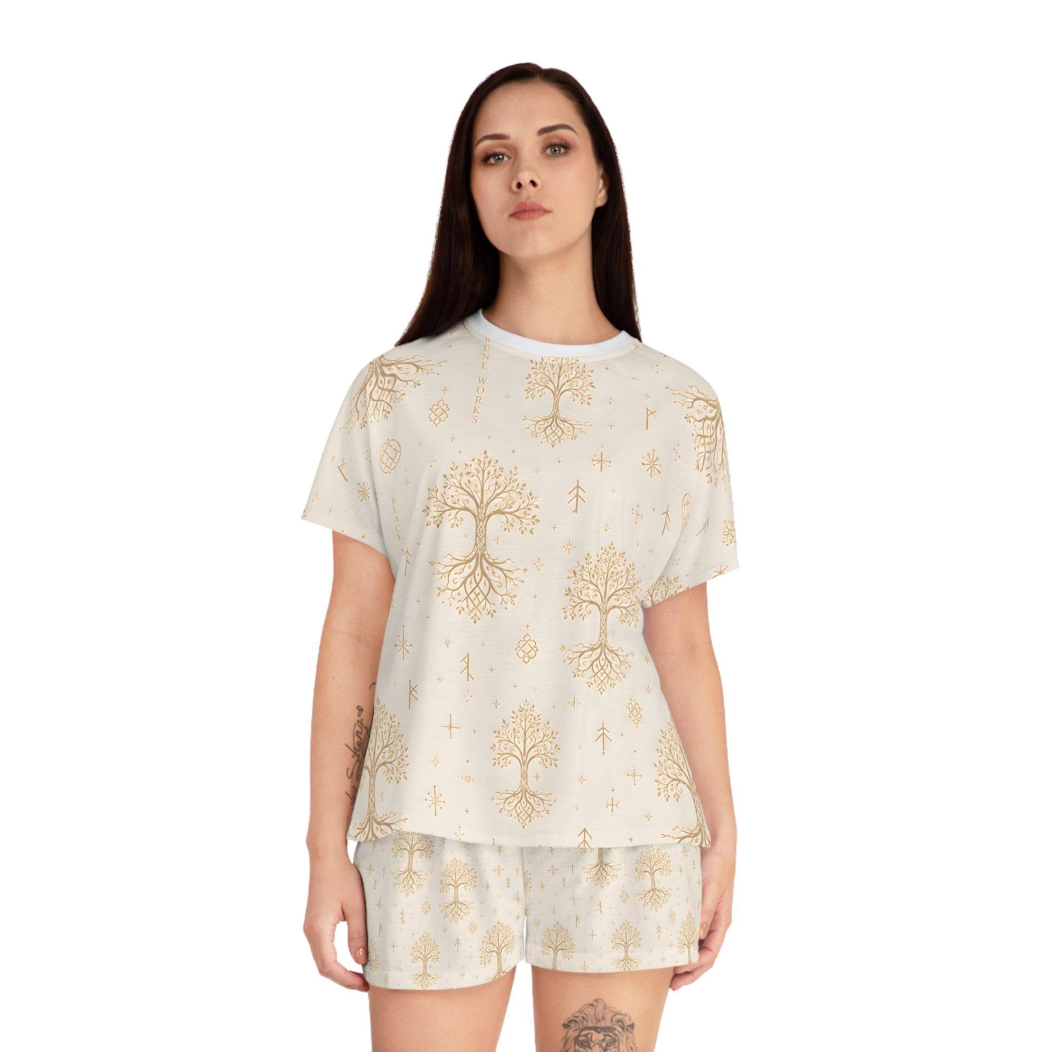 Women’s Yggdrasil Short Pajama Set | Cream & Gold Nordic Tree of Life Sleepwear | Black Rune Works