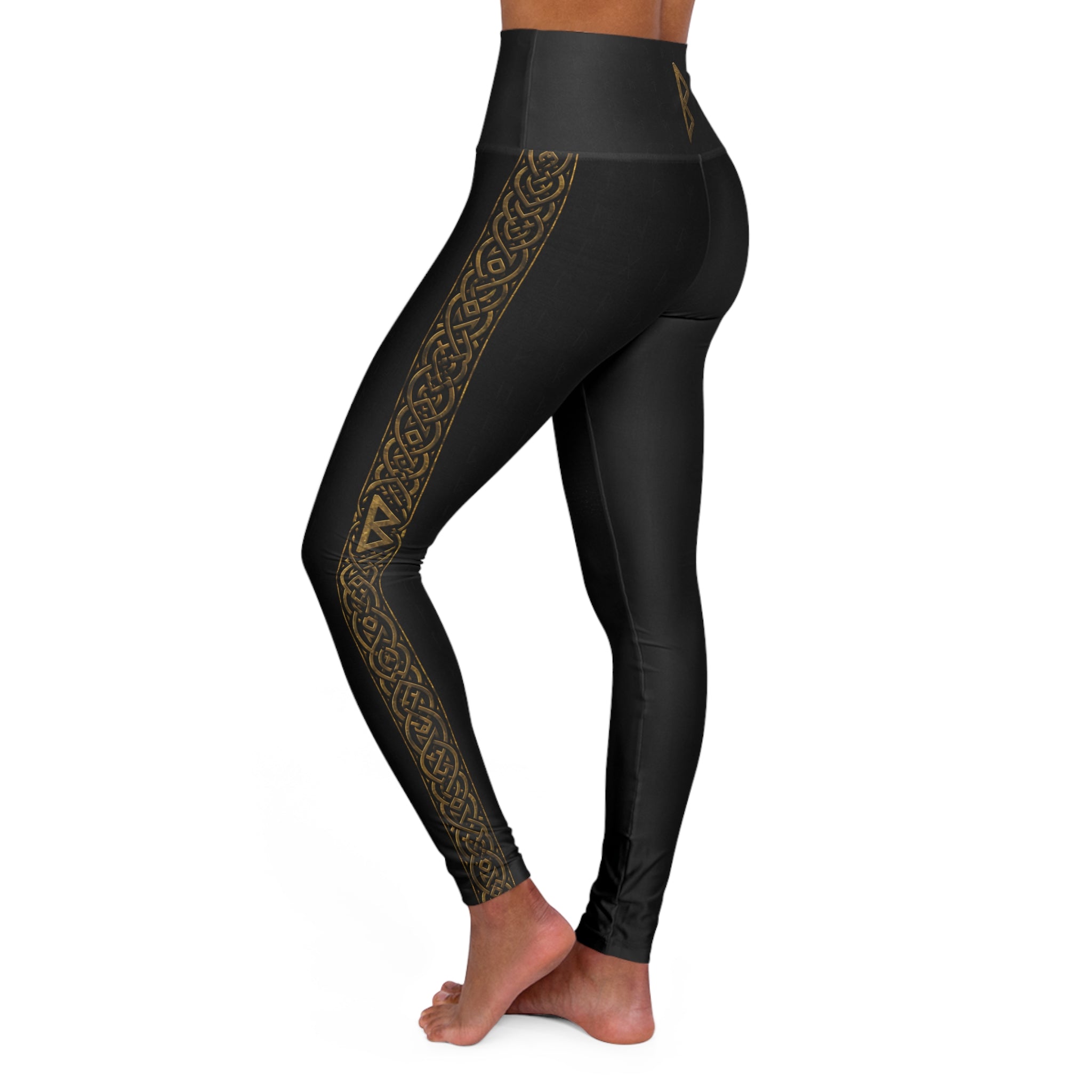 Women’s Black & Gold Celtic Knot Leggings | High-Waisted Nordic Rune Yoga Pants | Black Rune Works