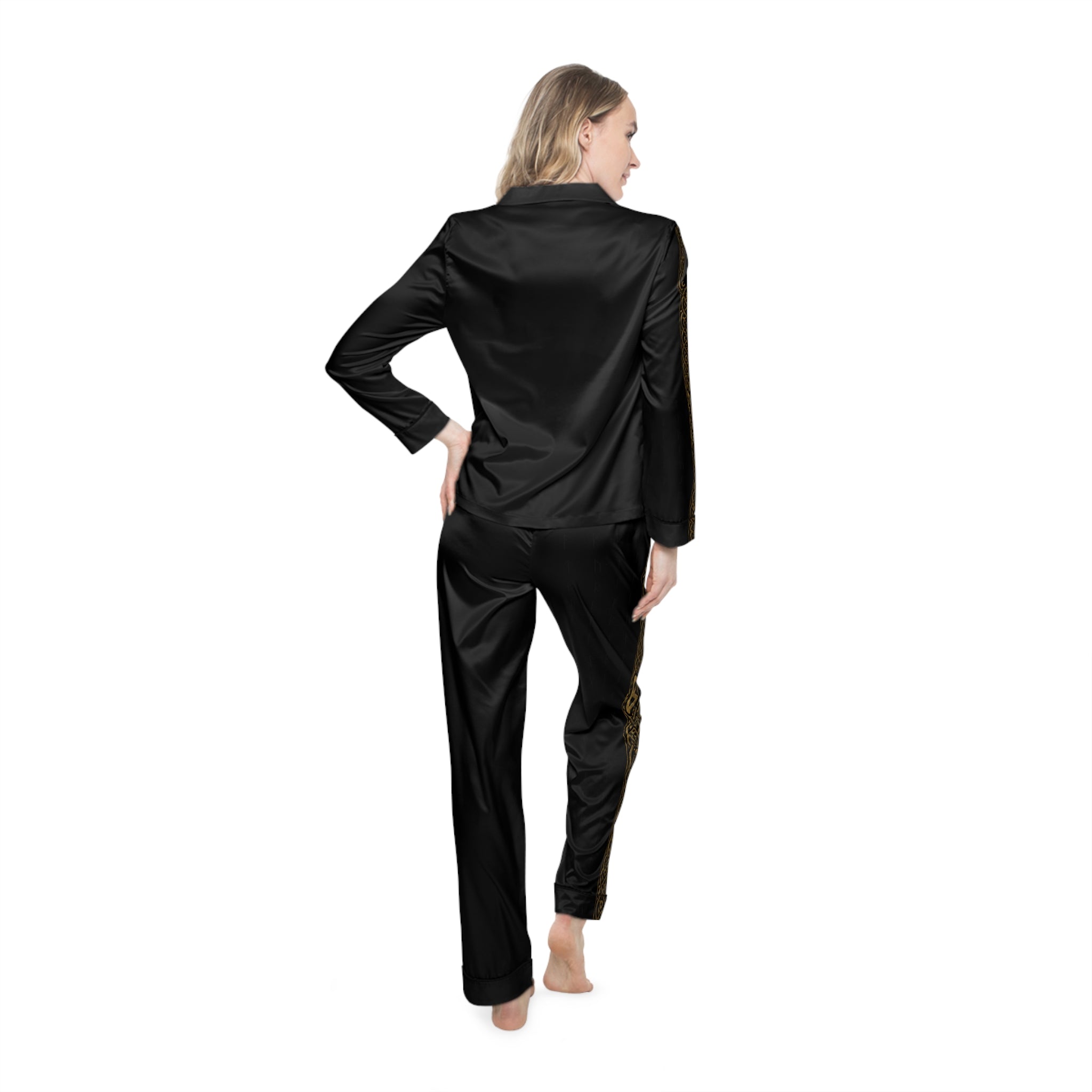 Women’s Black & Gold Celtic Knot Satin Pajama Set | Nordic Rune Sleepwear | Black Rune Works