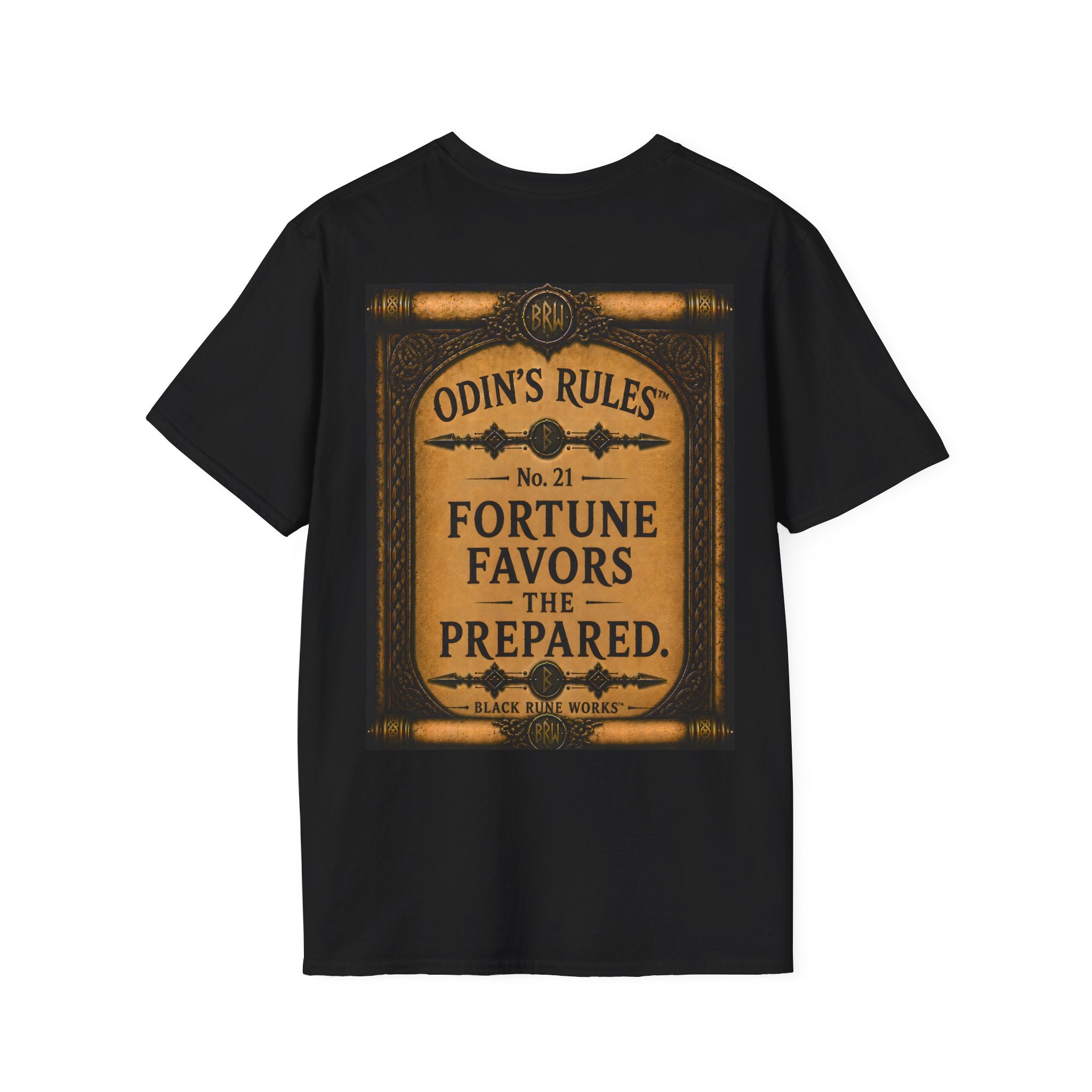 ODIN'S RULES™ No. 21 | Fortune Favors The Prepared | Viking Scroll Graphic T-Shirt | Black Rune Works
