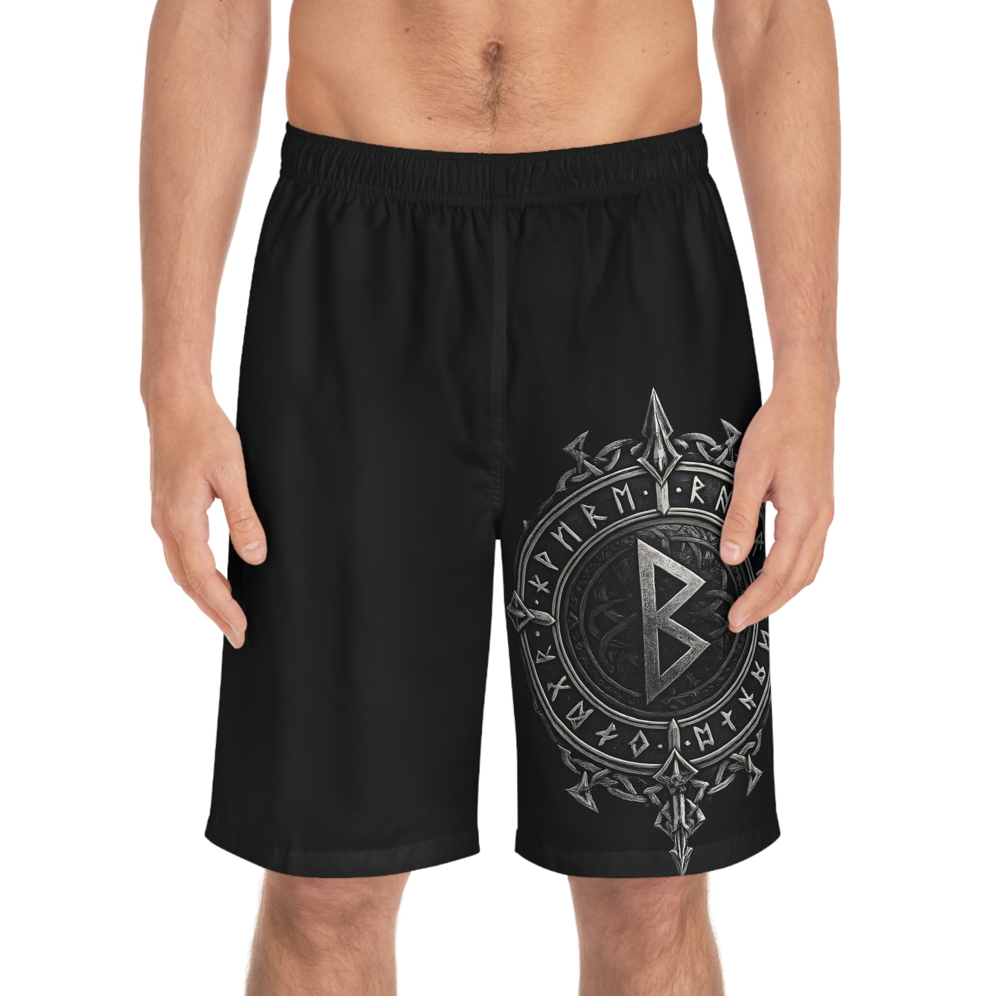 Berkano Rune Board Shorts | Norse Viking Swim Shorts | Black Rune Works