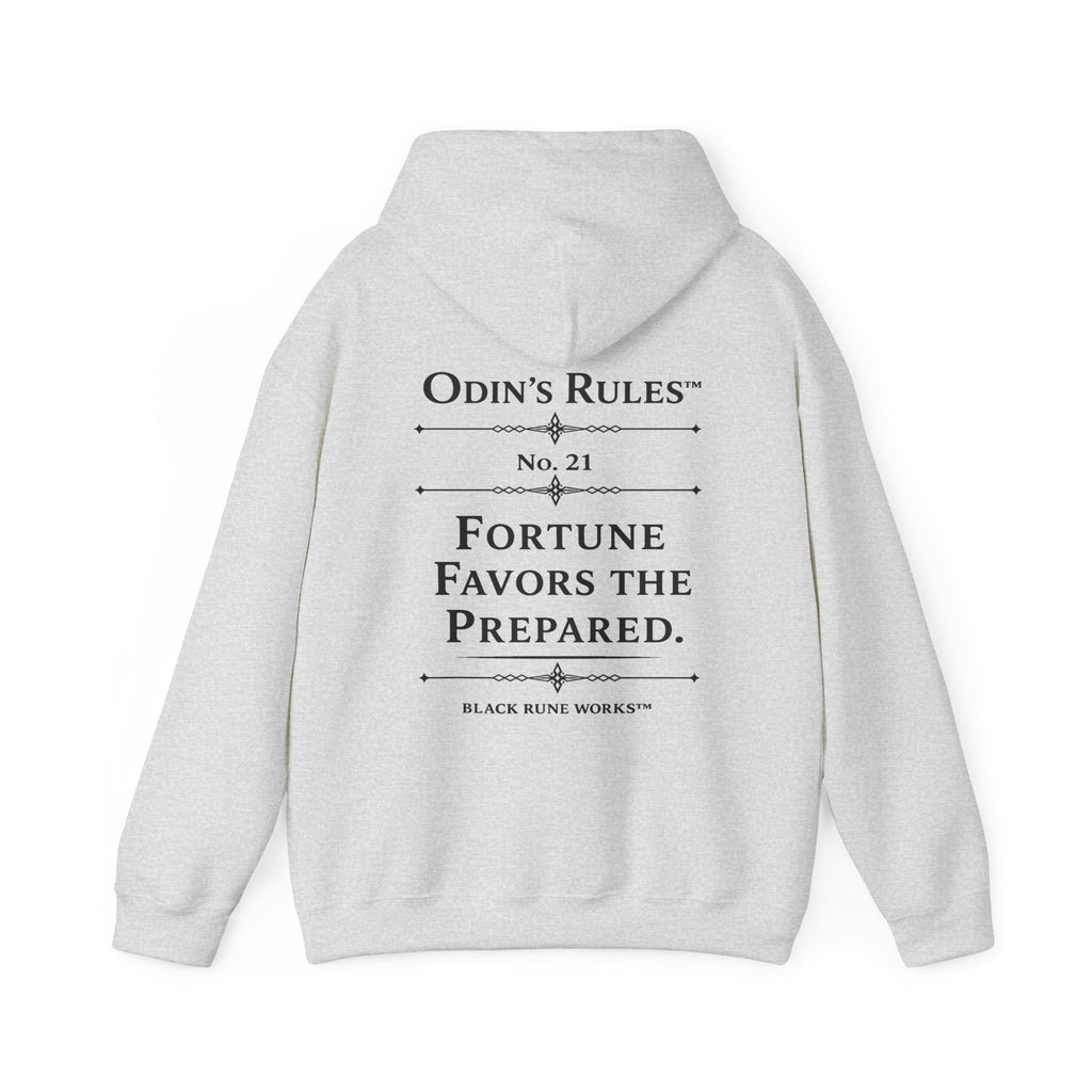 ODIN'S RULES™ Rule #21 | Fortune Favors the Prepared | Viking Norse Warrior Hoodie | Black Rune Works