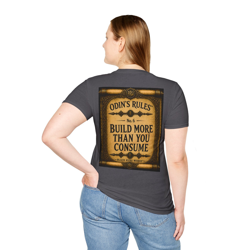 ODIN'S RULES™ No. 6 | Build More Than You Consume | Viking Scroll Graphic T-Shirt | Black Rune Works