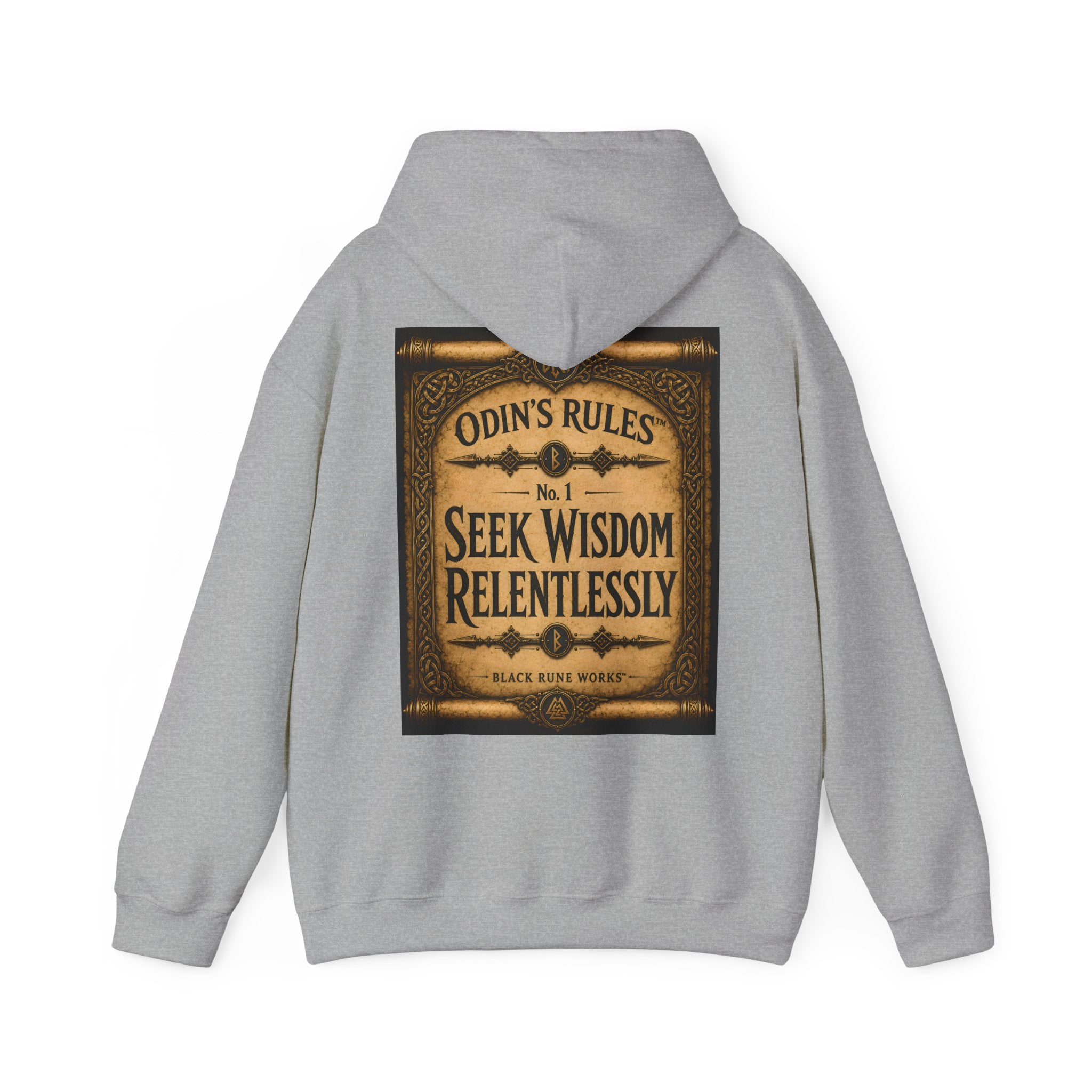 ODIN'S RULES™ No. 1 | Seek Wisdom Relentlessly | Viking Scroll Graphic Hoodie | Black Rune Works