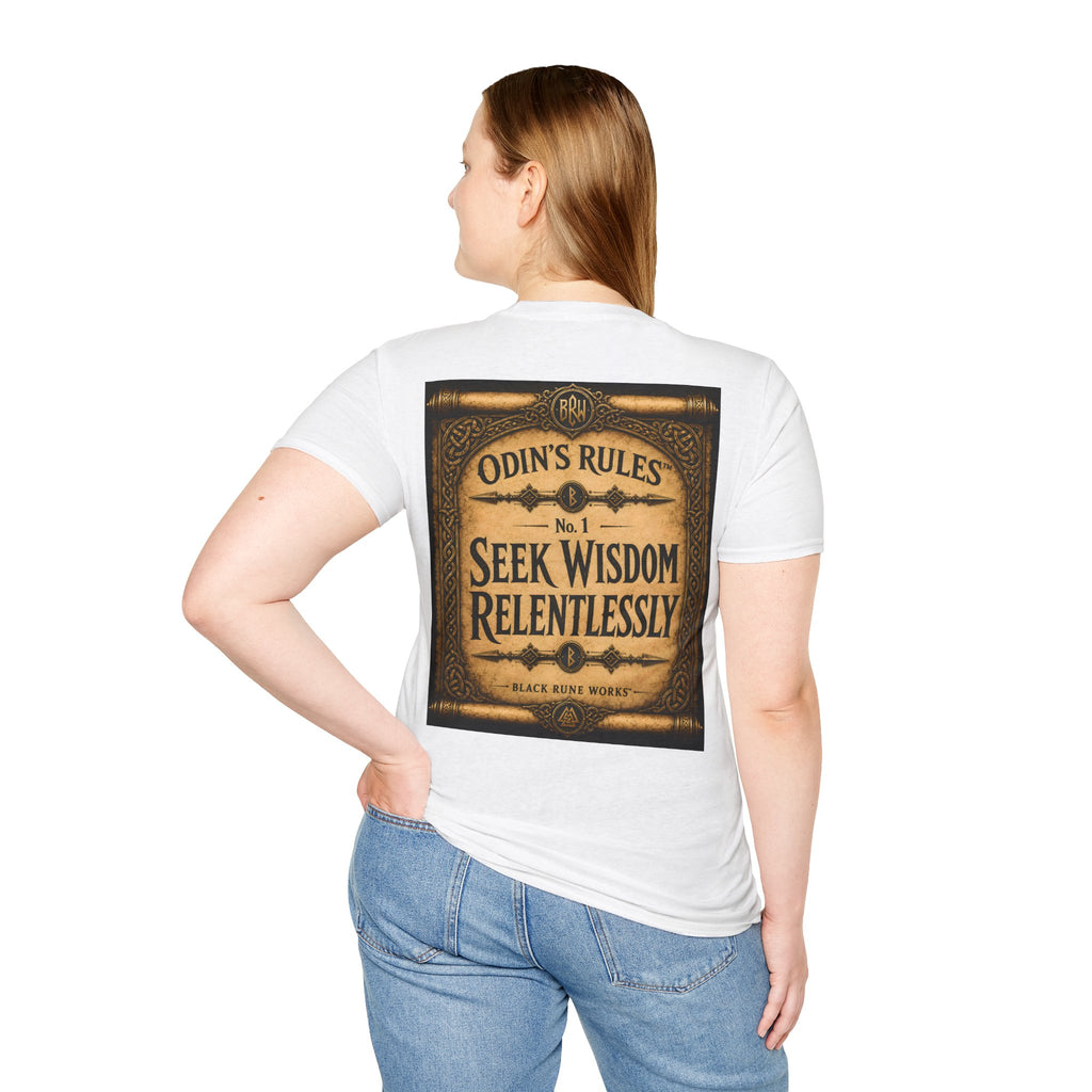 ODIN'S RULES™ No. 1 | Seek Wisdom Relentlessly | Viking Scroll Graphic T-Shirt | Black Rune Works