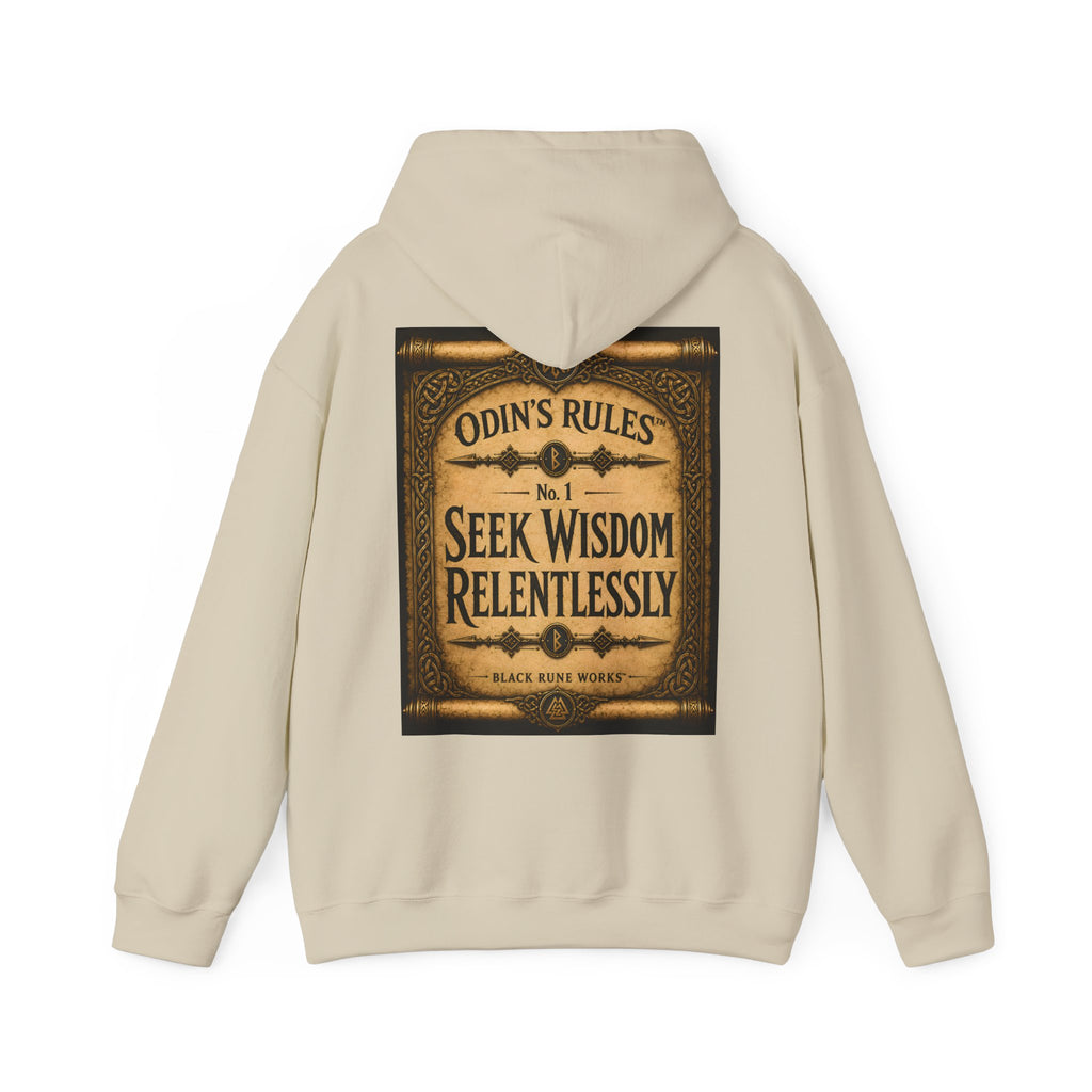 ODIN'S RULES™ No. 1 | Seek Wisdom Relentlessly | Viking Scroll Graphic Hoodie | Black Rune Works