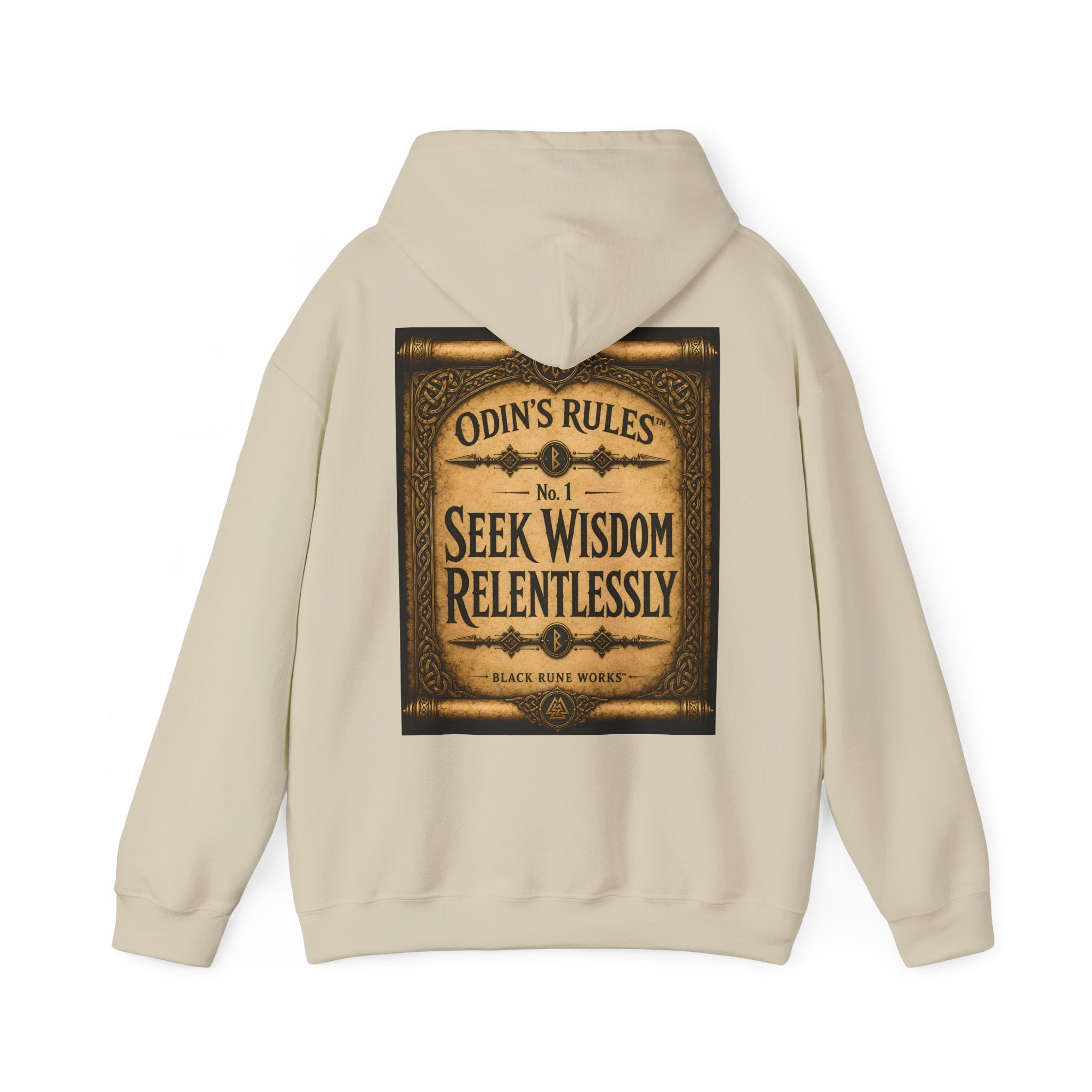 ODIN'S RULES™ No. 1 | Seek Wisdom Relentlessly | Viking Scroll Graphic Hoodie | Black Rune Works