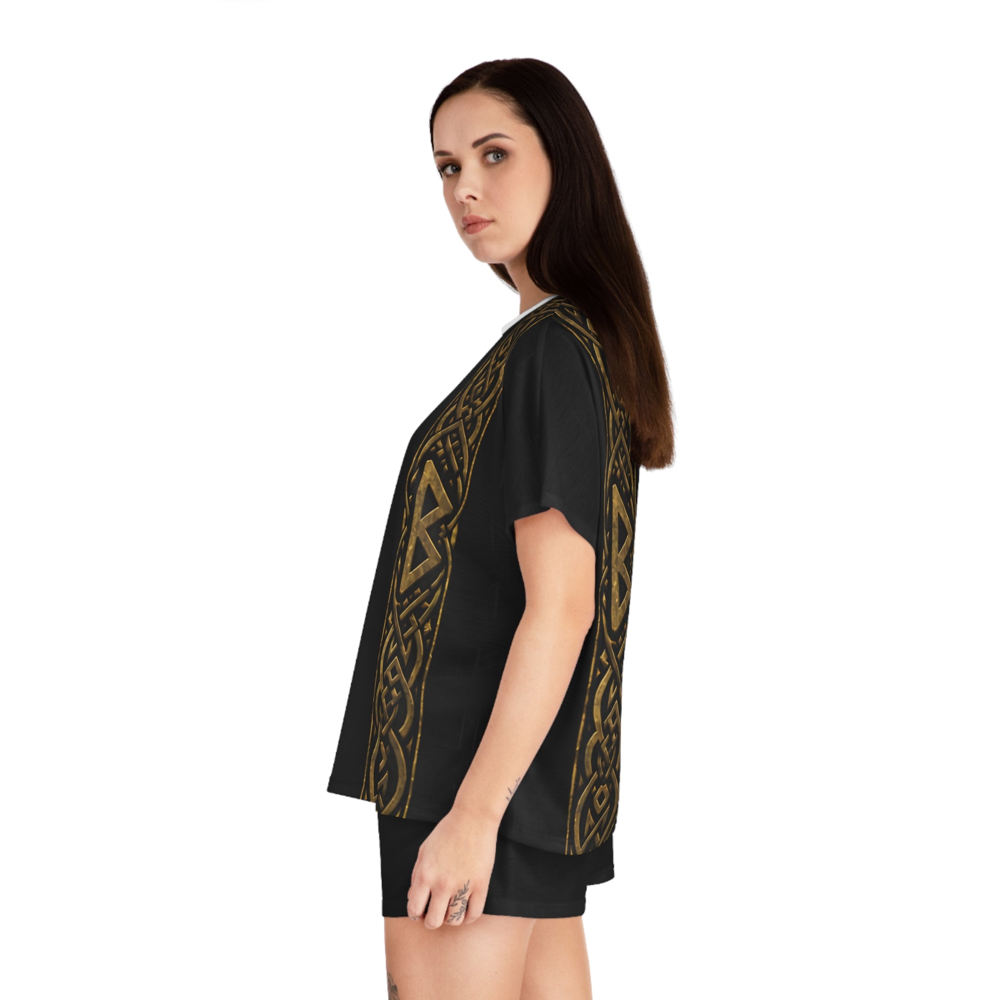 Women’s Black & Gold Rune Short Pajama Set | Nordic Knotwork Sleepwear | Black Rune Works
