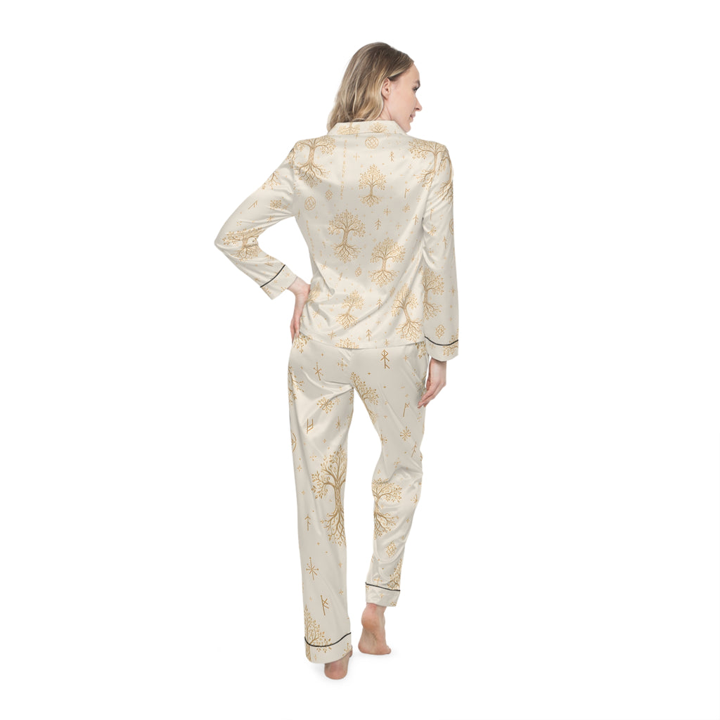 Women’s Yggdrasil Satin Pajama Set | Cream & Gold Nordic Tree of Life Sleepwear | Black Rune Works