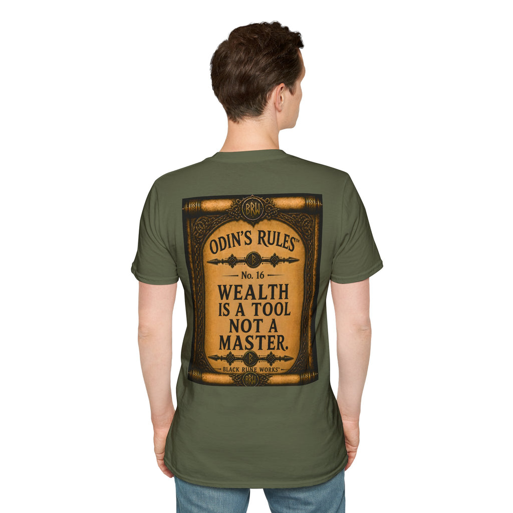 ODIN'S RULES™ No. 16 | Wealth Is A Tool Not A Master | Viking Scroll Graphic T-Shirt | Black Rune Works