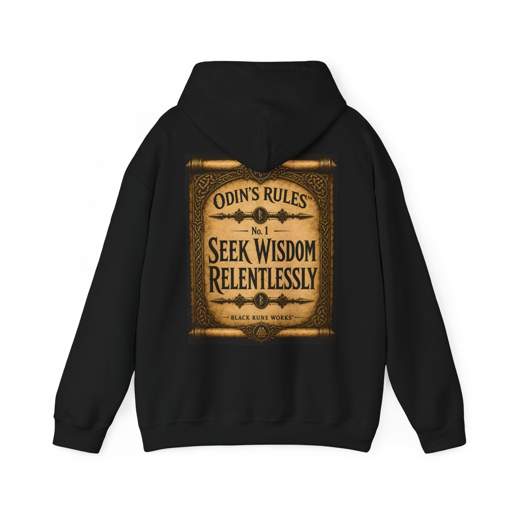 ODIN'S RULES™ No. 1 | Seek Wisdom Relentlessly | Viking Scroll Graphic Hoodie | Black Rune Works