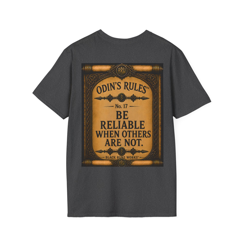 ODIN'S RULES™ No. 17 | Be Reliable When Others Are Not | Viking Scroll Graphic T-Shirt | Black Rune Works