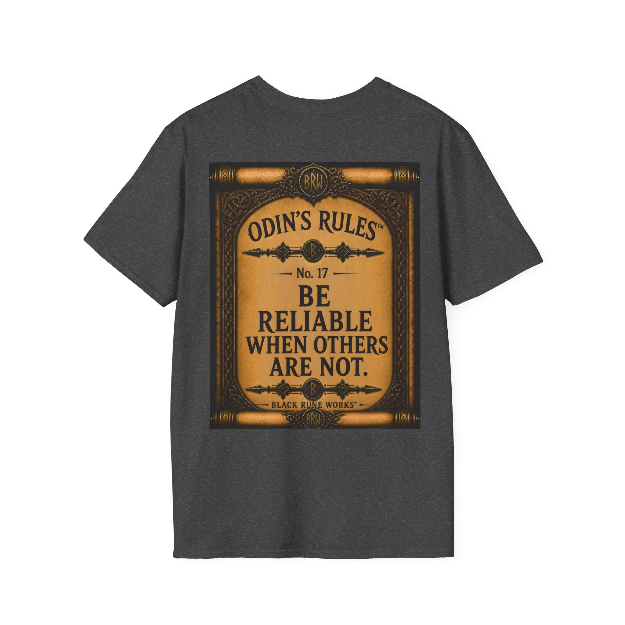 ODIN'S RULES™ No. 17 | Be Reliable When Others Are Not | Viking Scroll Graphic T-Shirt | Black Rune Works