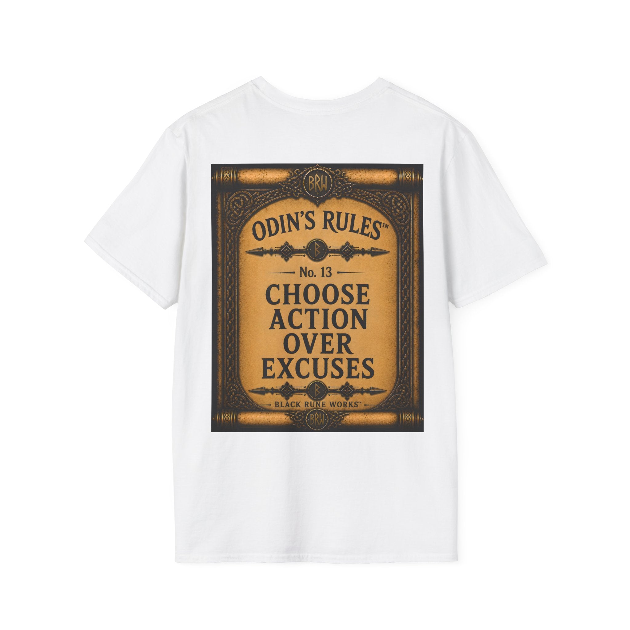 ODIN'S RULES™ No. 13 | Choose Action Over Excuses | Viking Scroll Graphic T-Shirt | Black Rune Works