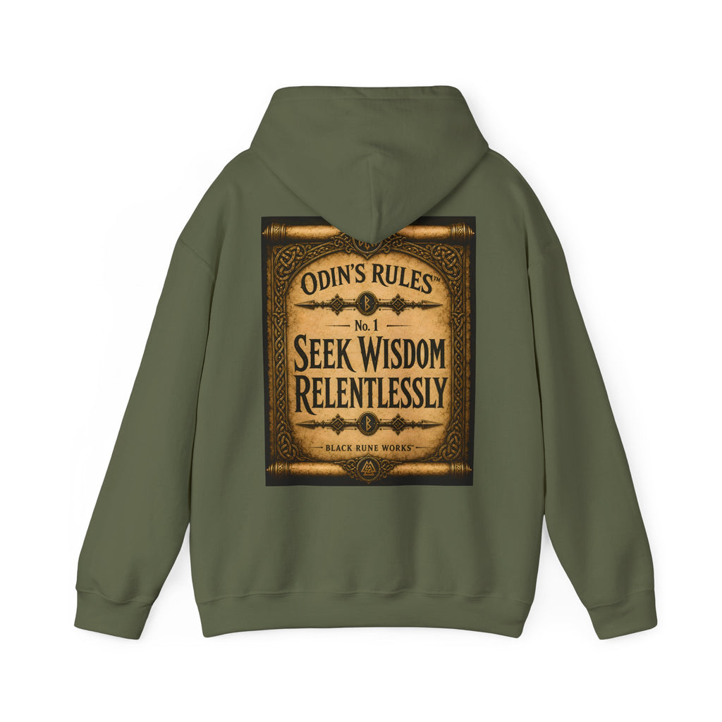 ODIN'S RULES™ No. 1 | Seek Wisdom Relentlessly | Viking Scroll Graphic Hoodie | Black Rune Works