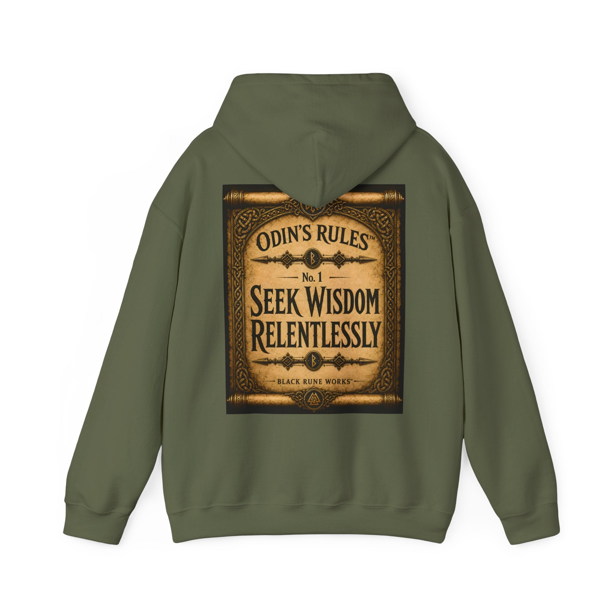 ODIN'S RULES™ No. 1 | Seek Wisdom Relentlessly | Viking Scroll Graphic Hoodie | Black Rune Works