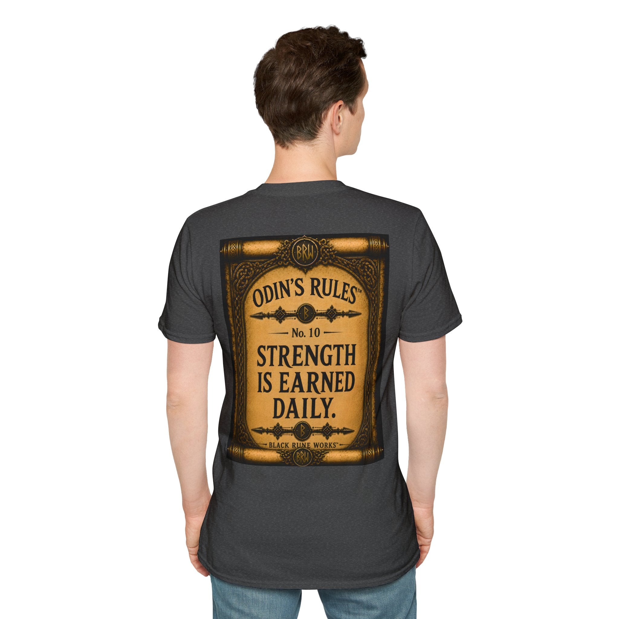 ODIN'S RULES™ No. 10 | Strength Is Earned Daily | Viking Scroll Graphic T-Shirt | Black Rune Works