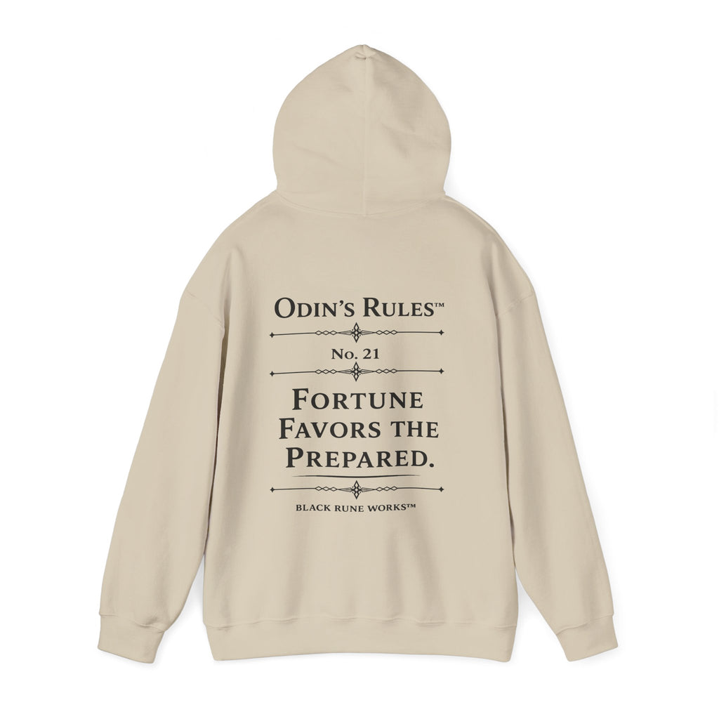 ODIN'S RULES™ Rule #21 | Fortune Favors the Prepared | Viking Norse Warrior Hoodie | Black Rune Works