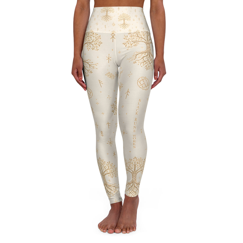 Women’s Yggdrasil High-Waisted Leggings | Cream & Gold Nordic Tree of Life Yoga Pants | Black Rune Works