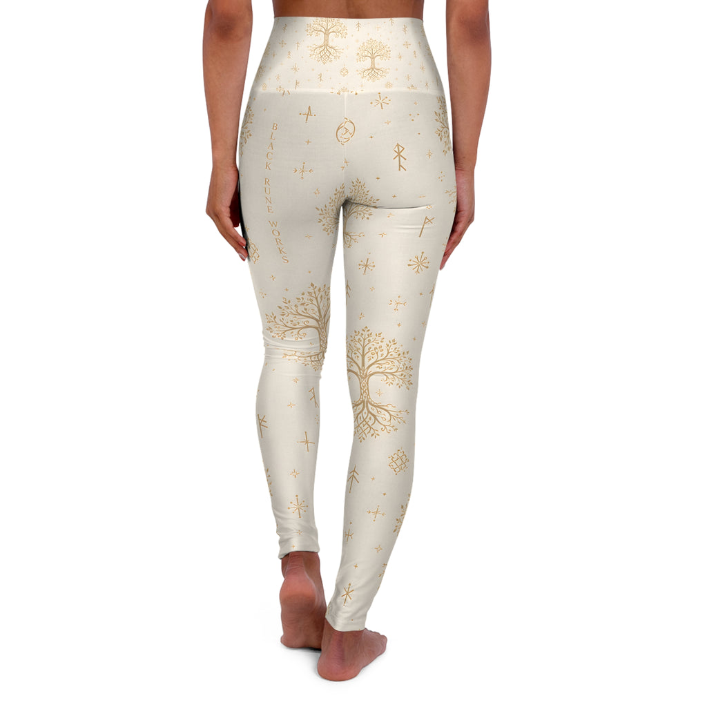 Women’s Yggdrasil High-Waisted Leggings | Cream & Gold Nordic Tree of Life Yoga Pants | Black Rune Works