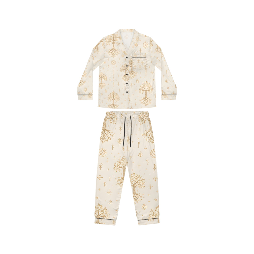 Women’s Yggdrasil Satin Pajama Set | Cream & Gold Nordic Tree of Life Sleepwear | Black Rune Works