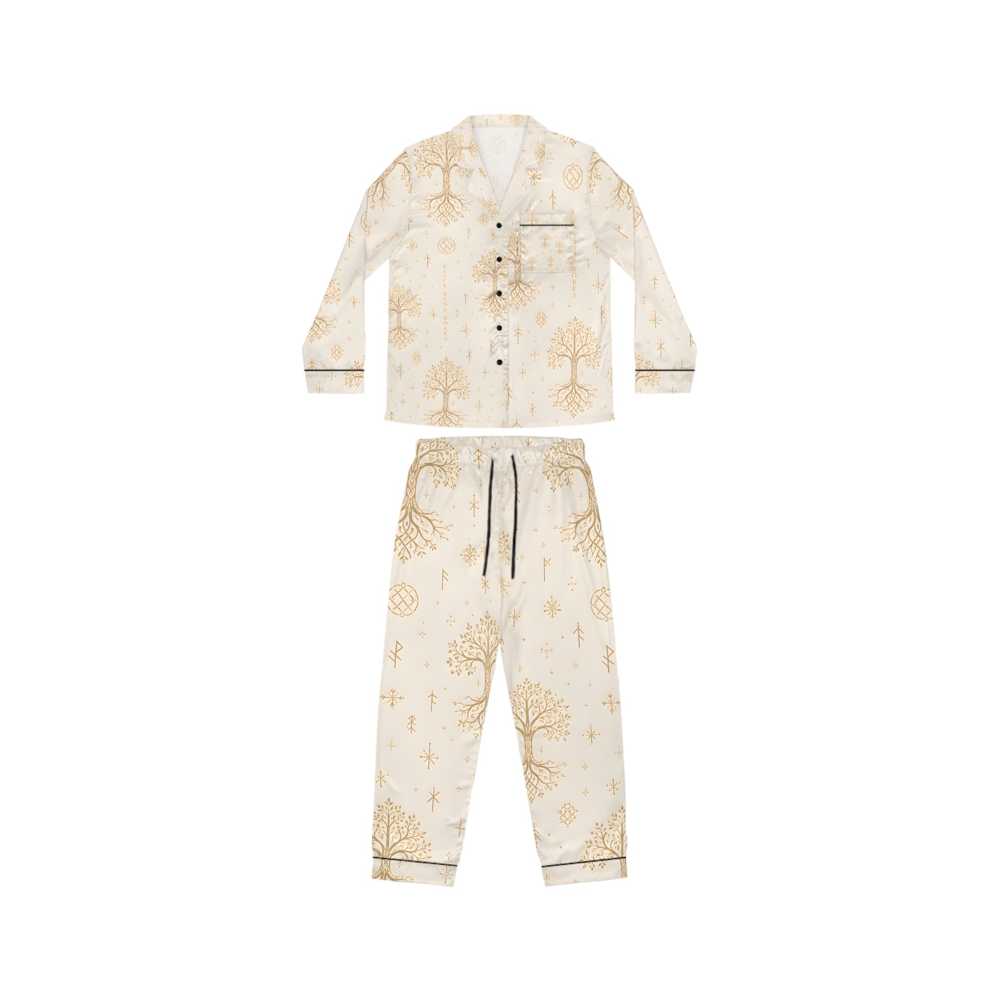 Women’s Yggdrasil Satin Pajama Set | Cream & Gold Nordic Tree of Life Sleepwear | Black Rune Works