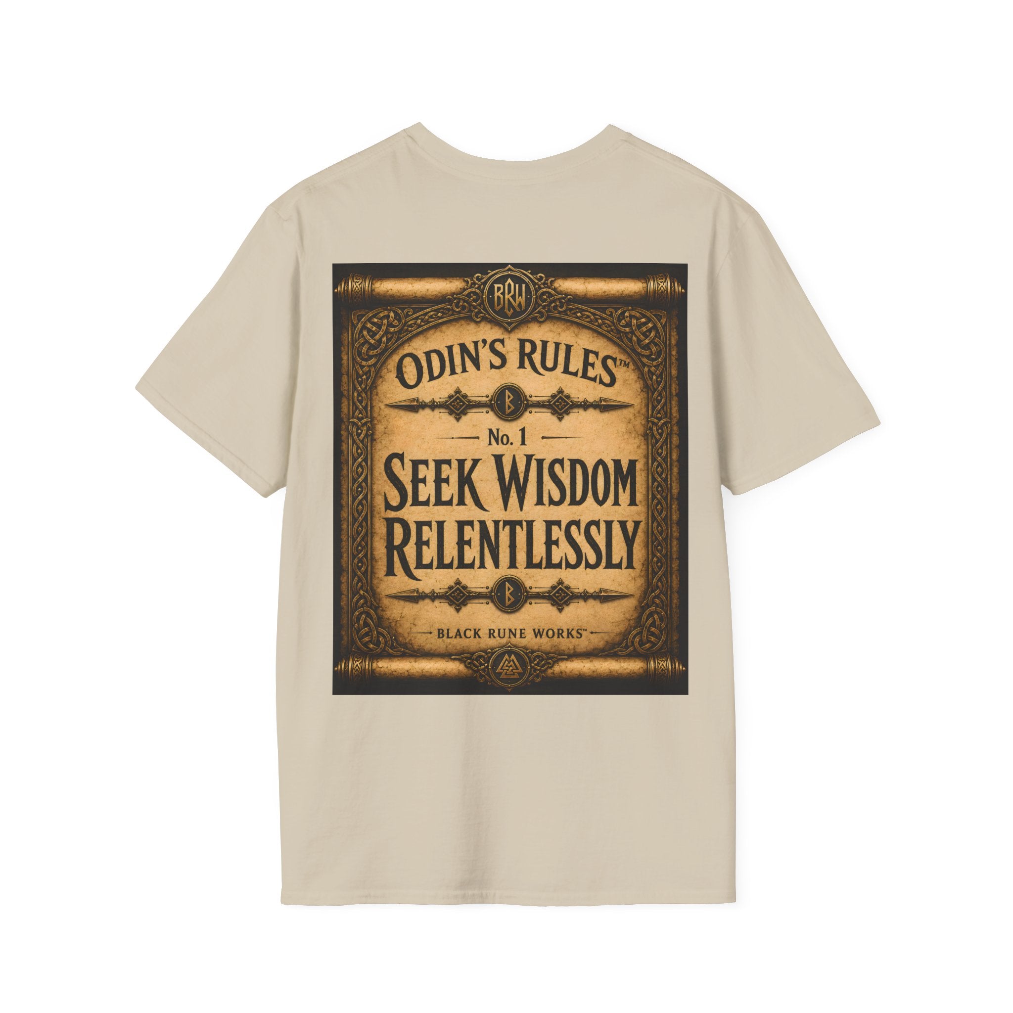 ODIN'S RULES™ No. 1 | Seek Wisdom Relentlessly | Viking Scroll Graphic T-Shirt | Black Rune Works