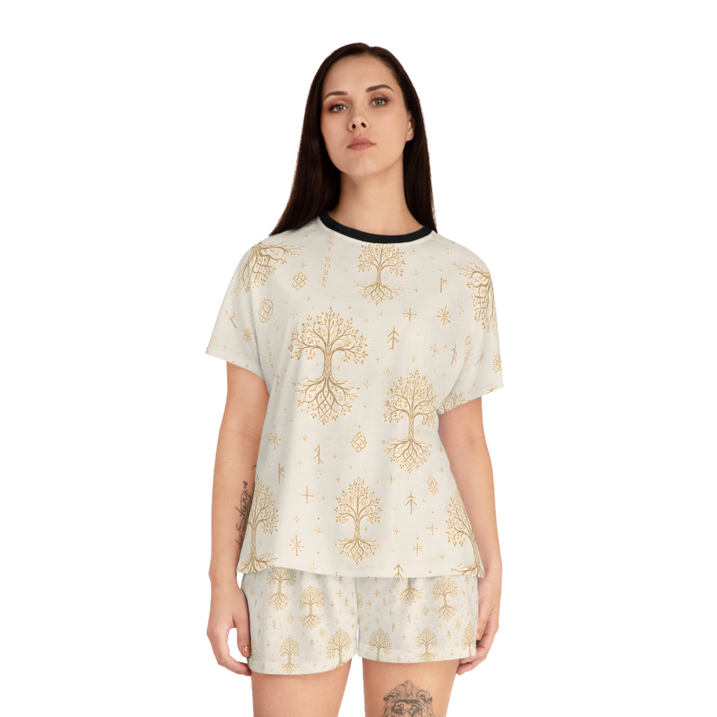 Women’s Yggdrasil Short Pajama Set | Cream & Gold Nordic Tree of Life Sleepwear | Black Rune Works