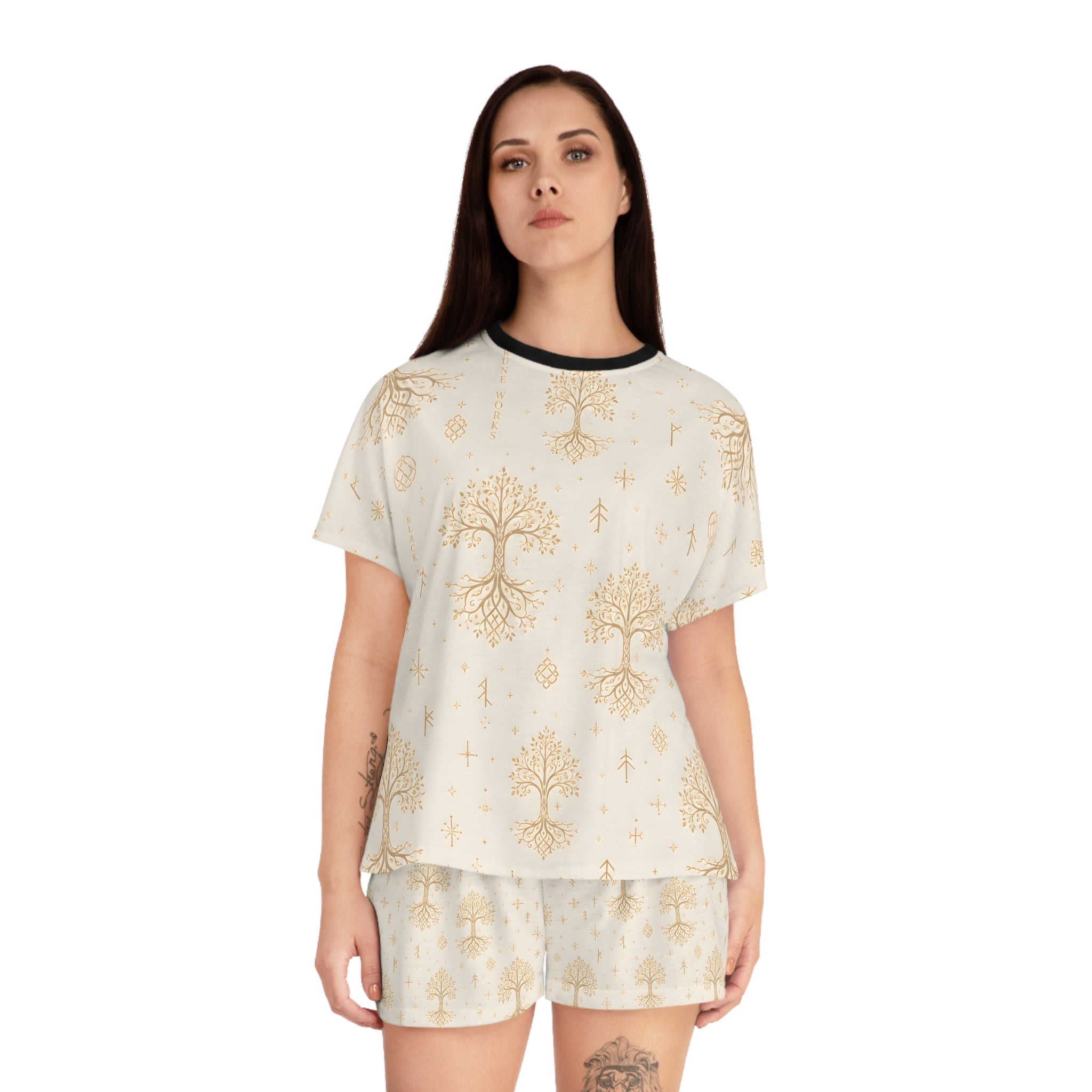 Women’s Yggdrasil Short Pajama Set | Cream & Gold Nordic Tree of Life Sleepwear | Black Rune Works