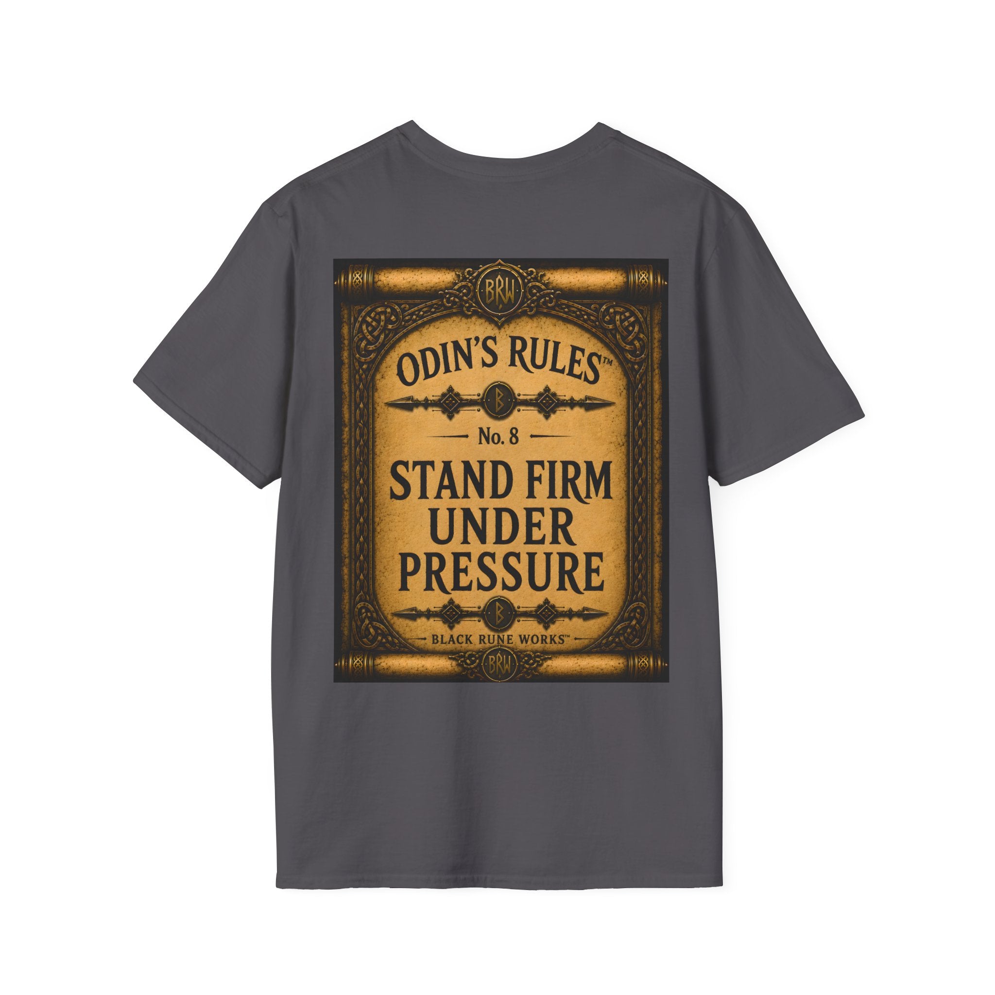 ODIN'S RULES™ No. 8 | Stand Firm Under Pressure | Viking Scroll Graphic T-Shirt | Black Rune Works