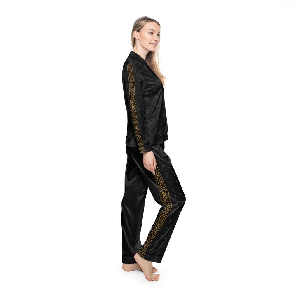 Women’s Black Rune Satin Pajama Set | Black & Gold Nordic Sleepwear | Black Rune Works
