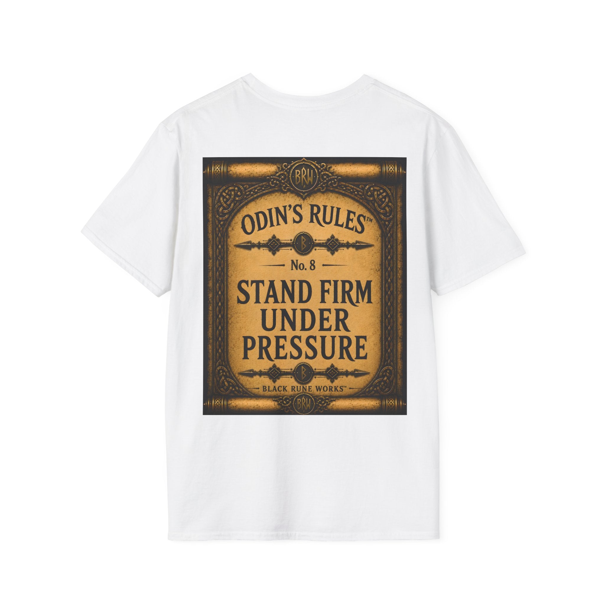 ODIN'S RULES™ No. 8 | Stand Firm Under Pressure | Viking Scroll Graphic T-Shirt | Black Rune Works