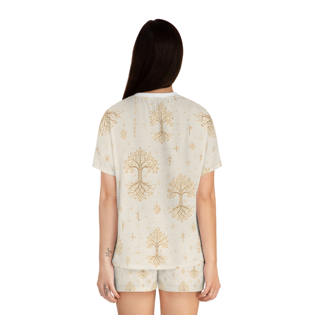 Women’s Yggdrasil Short Pajama Set | Cream & Gold Nordic Tree of Life Sleepwear | Black Rune Works