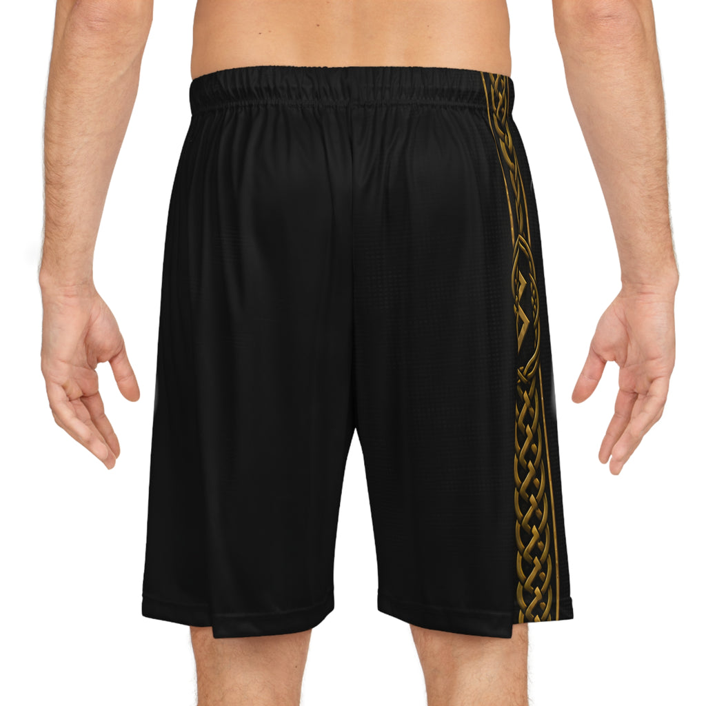 Black Rune Works Celtic Knot Basketball Shorts | Black & Gold Nordic Athletic Shorts
