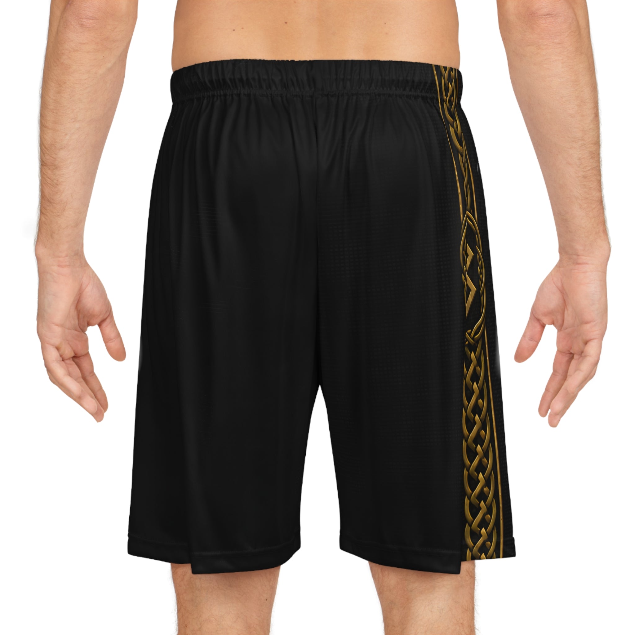 Black Rune Works Celtic Knot Basketball Shorts | Black & Gold Nordic Athletic Shorts