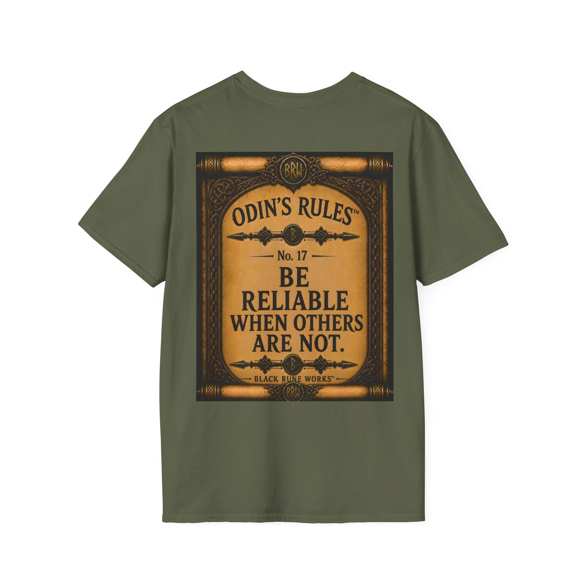 ODIN'S RULES™ No. 17 | Be Reliable When Others Are Not | Viking Scroll Graphic T-Shirt | Black Rune Works