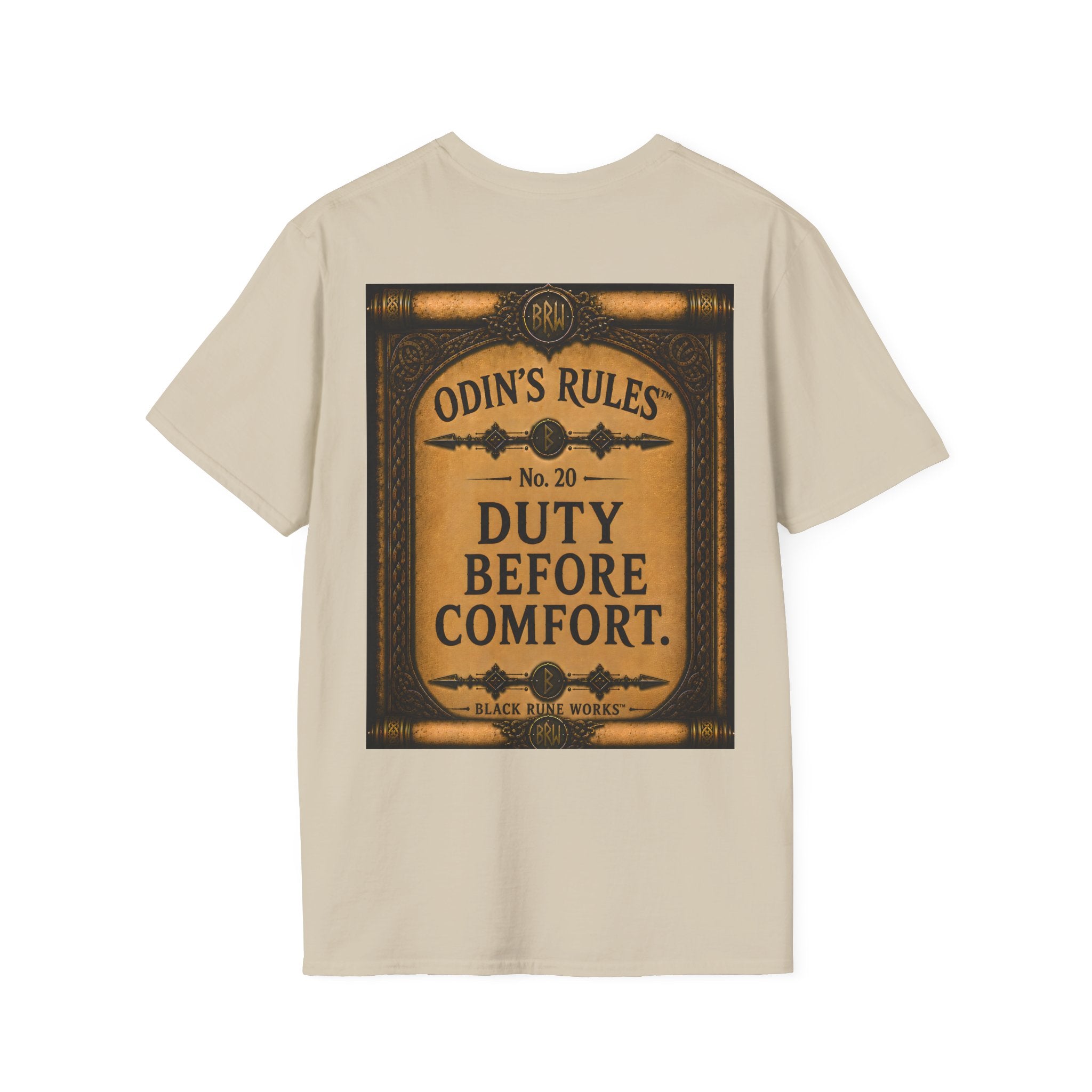 ODIN'S RULES™ No. 20 | Duty Before Comfort | Viking Scroll Graphic T-Shirt | Black Rune Works
