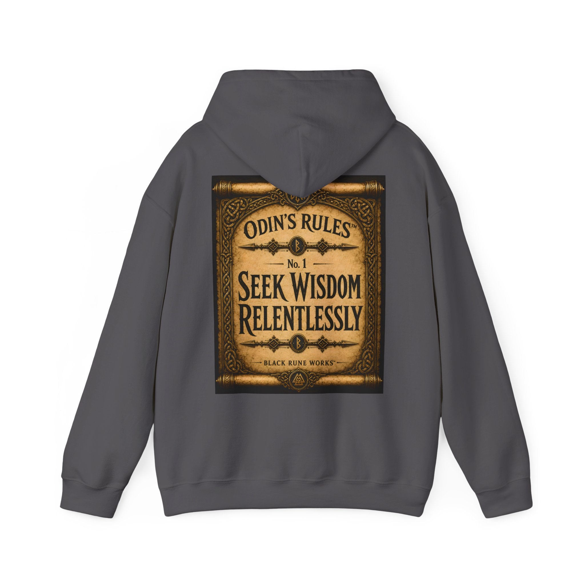 ODIN'S RULES™ No. 1 | Seek Wisdom Relentlessly | Viking Scroll Graphic Hoodie | Black Rune Works