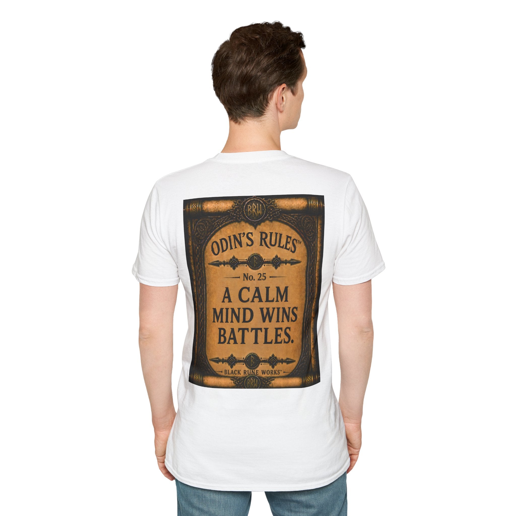 ODIN'S RULES™ No. 25 | A Calm Mind Wins Battles | Viking Scroll Graphic T-Shirt | Black Rune Works