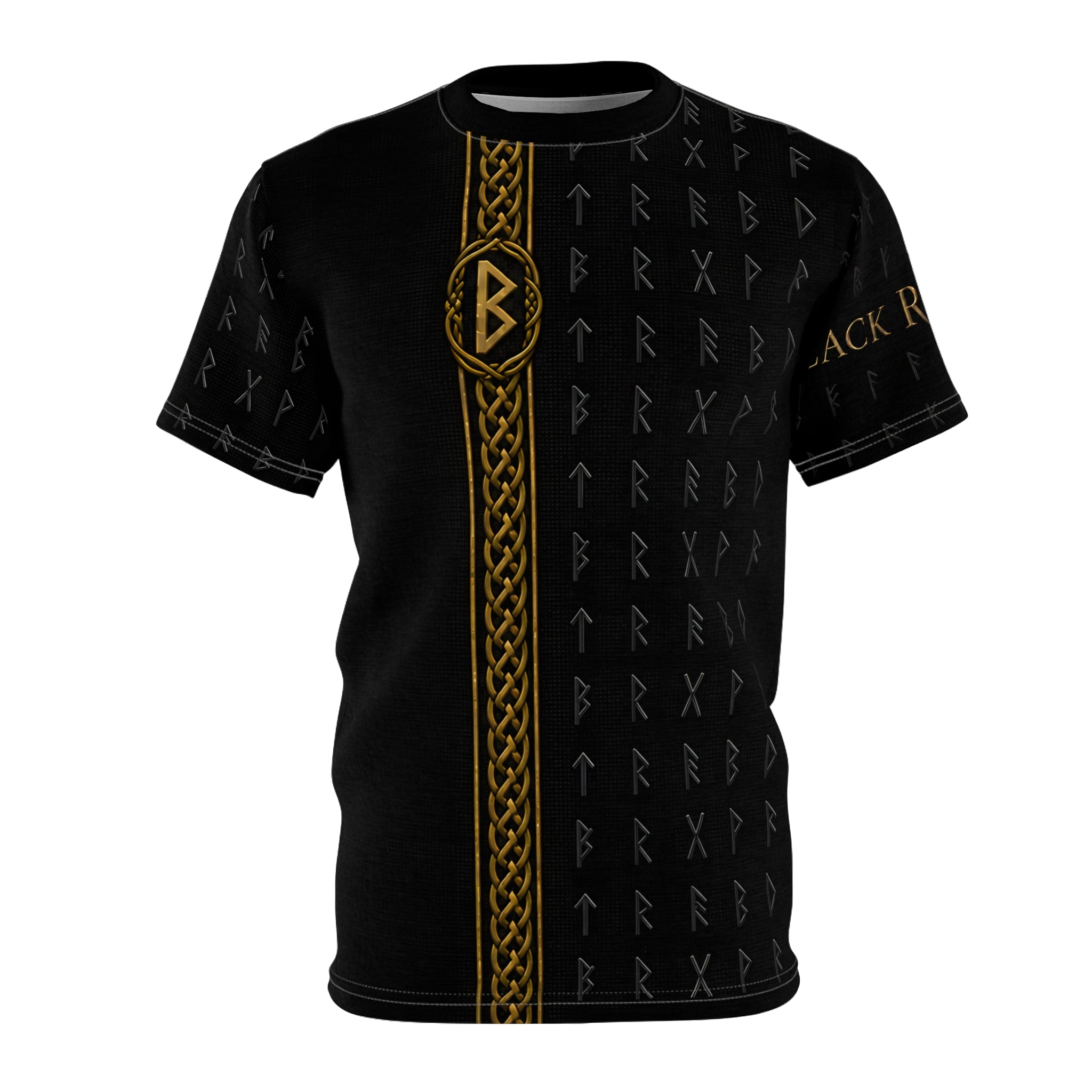 Black Rune Works Nordic Rune T-Shirt | Black & Gold Celtic Knotwork AOP Tee