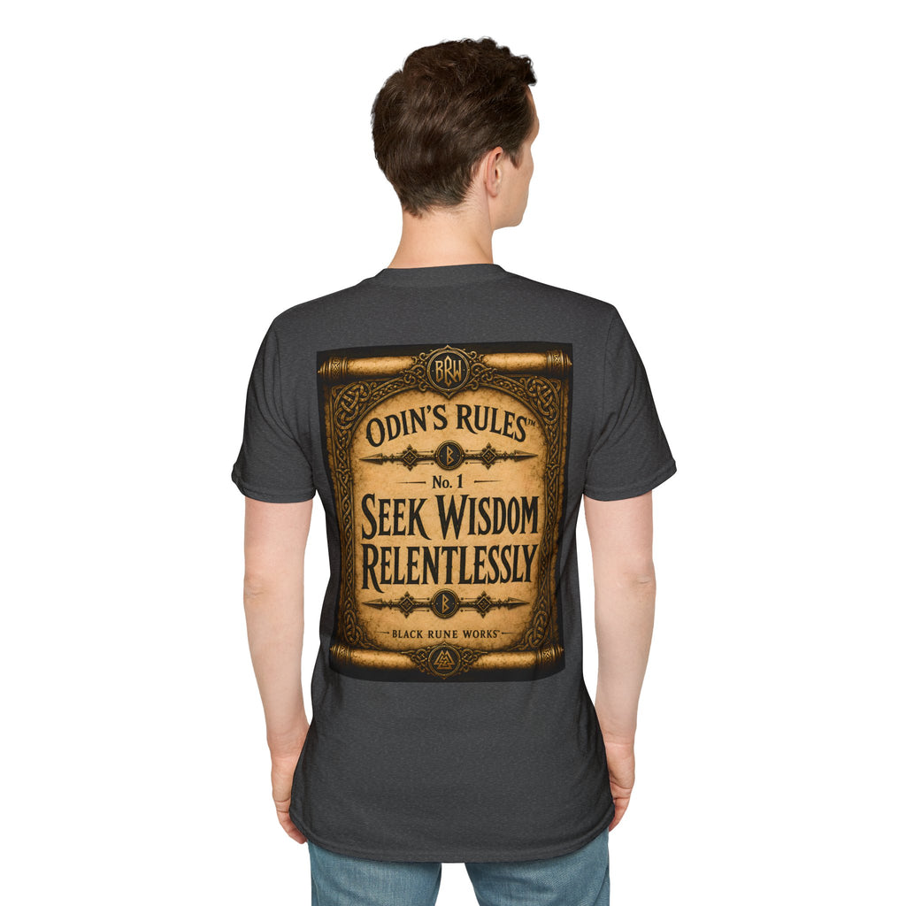 ODIN'S RULES™ No. 1 | Seek Wisdom Relentlessly | Viking Scroll Graphic T-Shirt | Black Rune Works