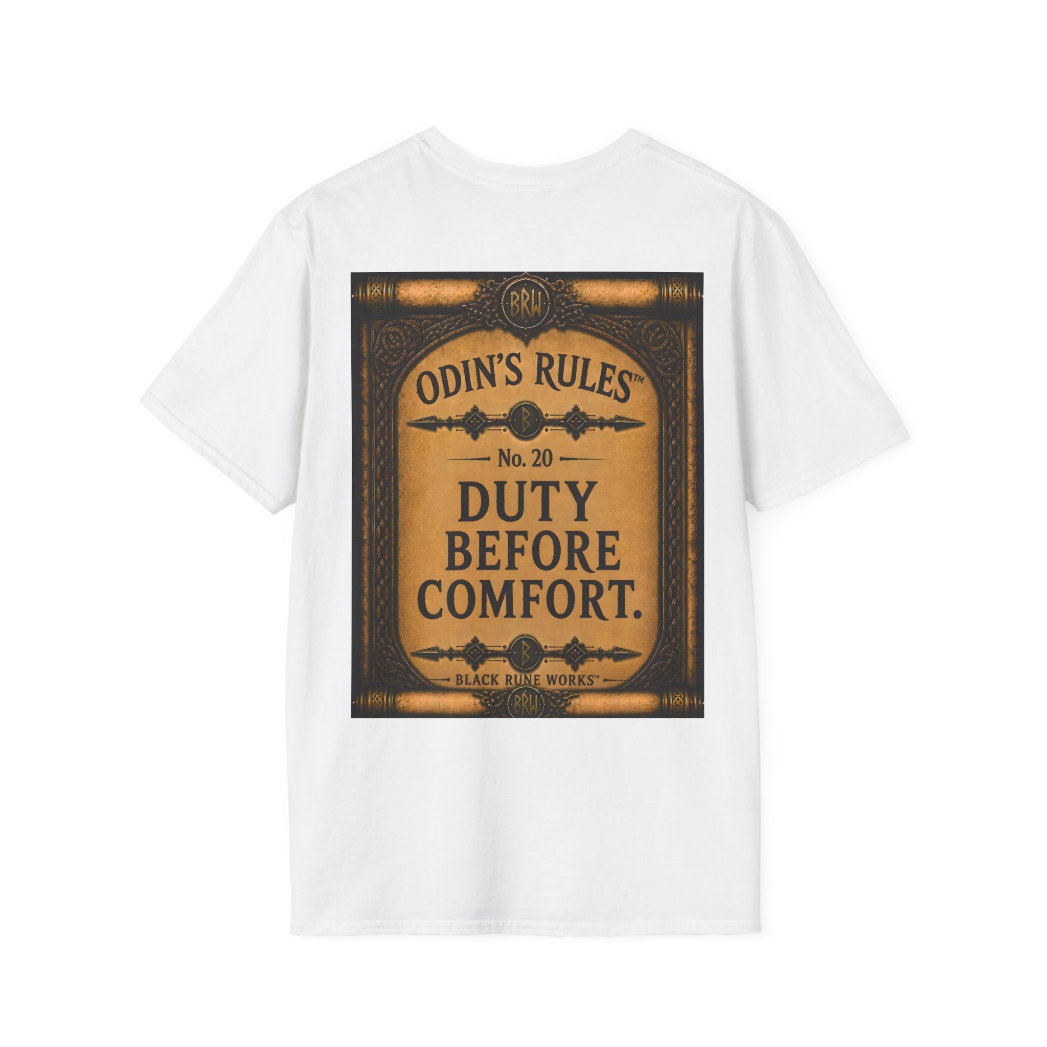ODIN'S RULES™ No. 20 | Duty Before Comfort | Viking Scroll Graphic T-Shirt | Black Rune Works