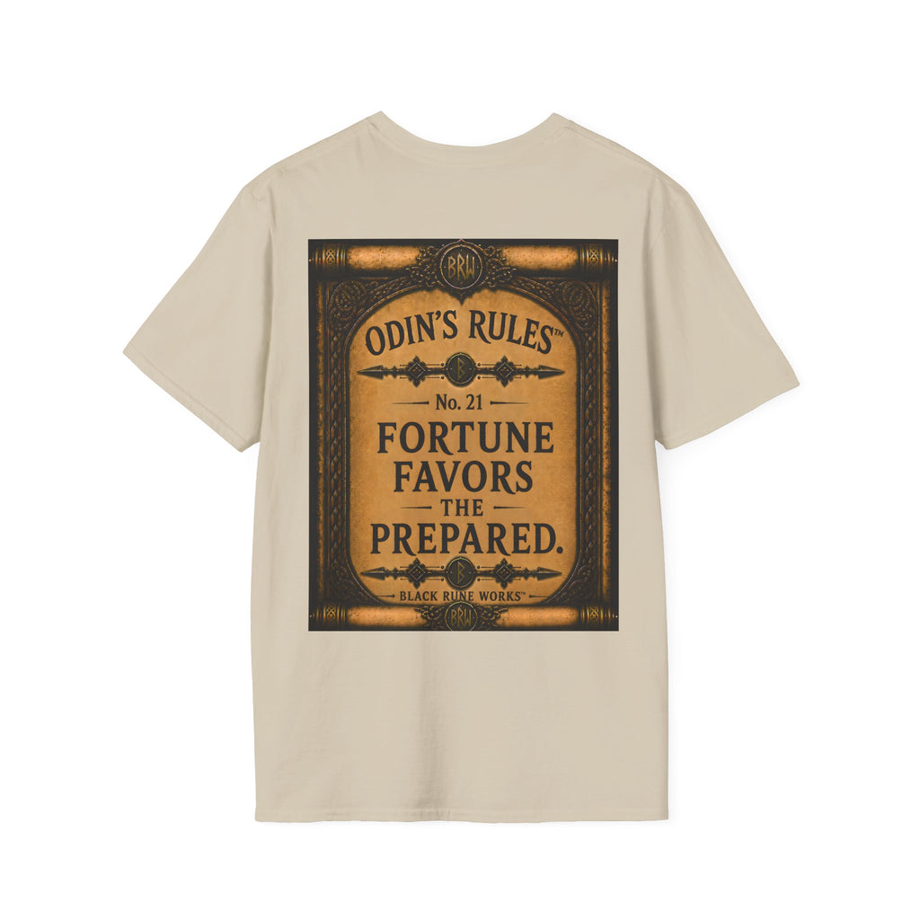ODIN'S RULES™ No. 21 | Fortune Favors The Prepared | Viking Scroll Graphic T-Shirt | Black Rune Works