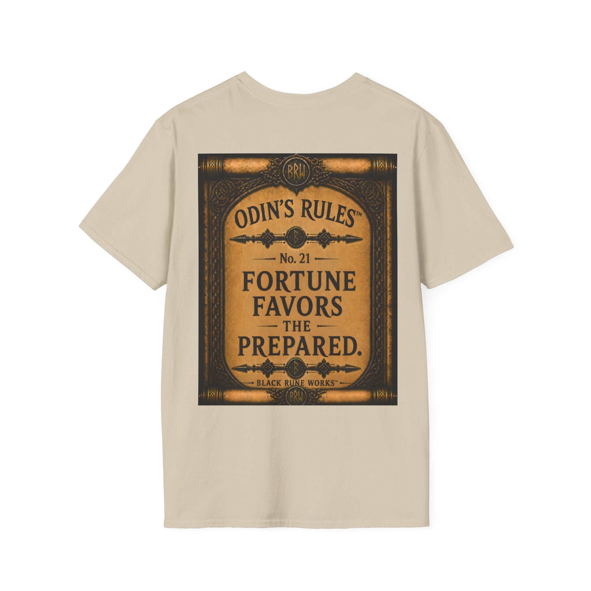 ODIN'S RULES™ No. 21 | Fortune Favors The Prepared | Viking Scroll Graphic T-Shirt | Black Rune Works