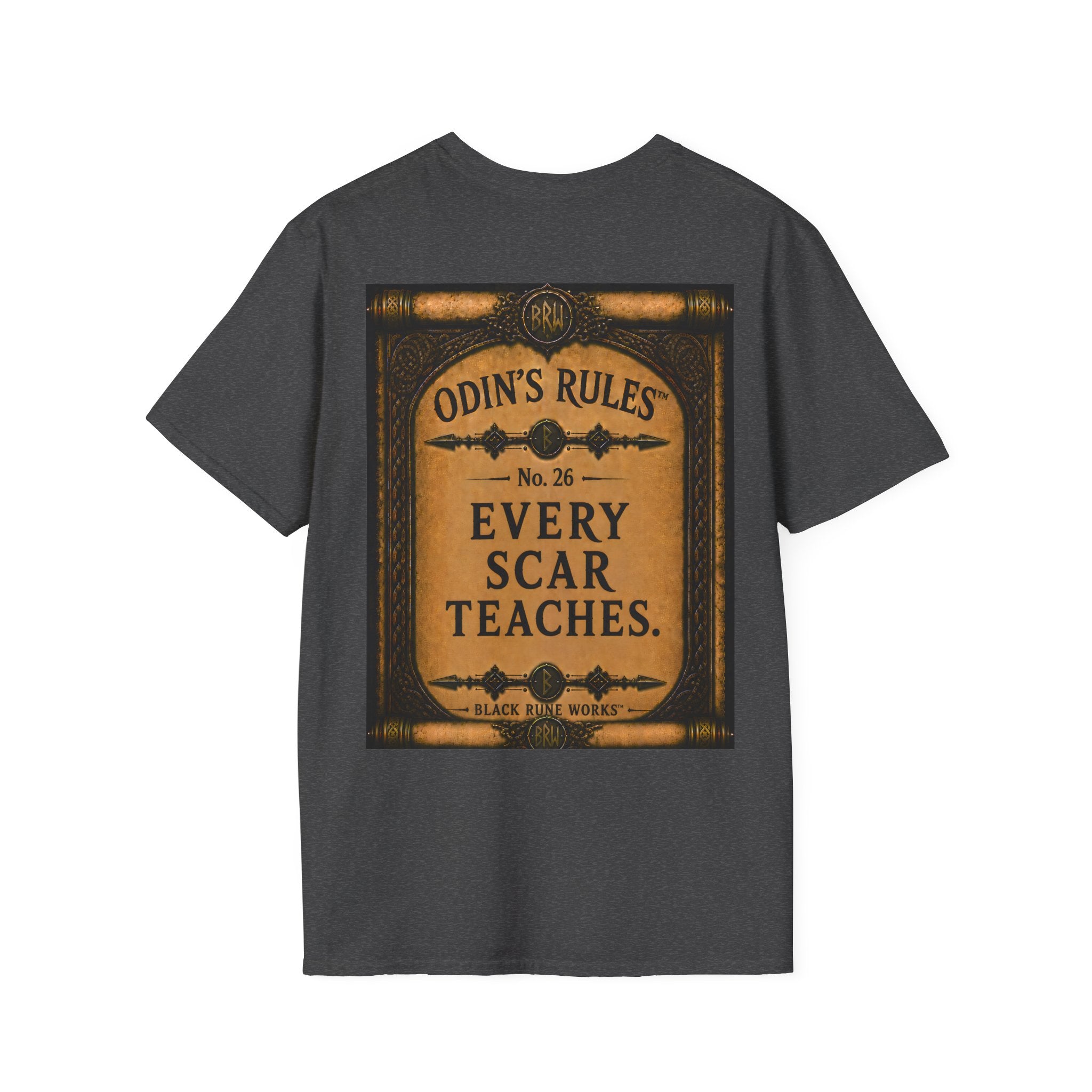 ODIN'S RULES™ No. 26 | Every Scar Teaches | Viking Scroll Graphic T-Shirt | Black Rune Works