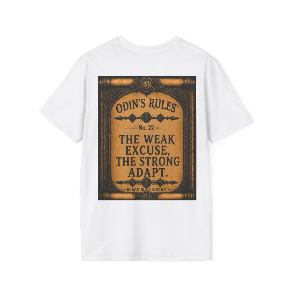 ODIN'S RULES™ No. 22 | The Weak Excuse The Strong Adapt | Viking Scroll Graphic T-Shirt | Black Rune Works