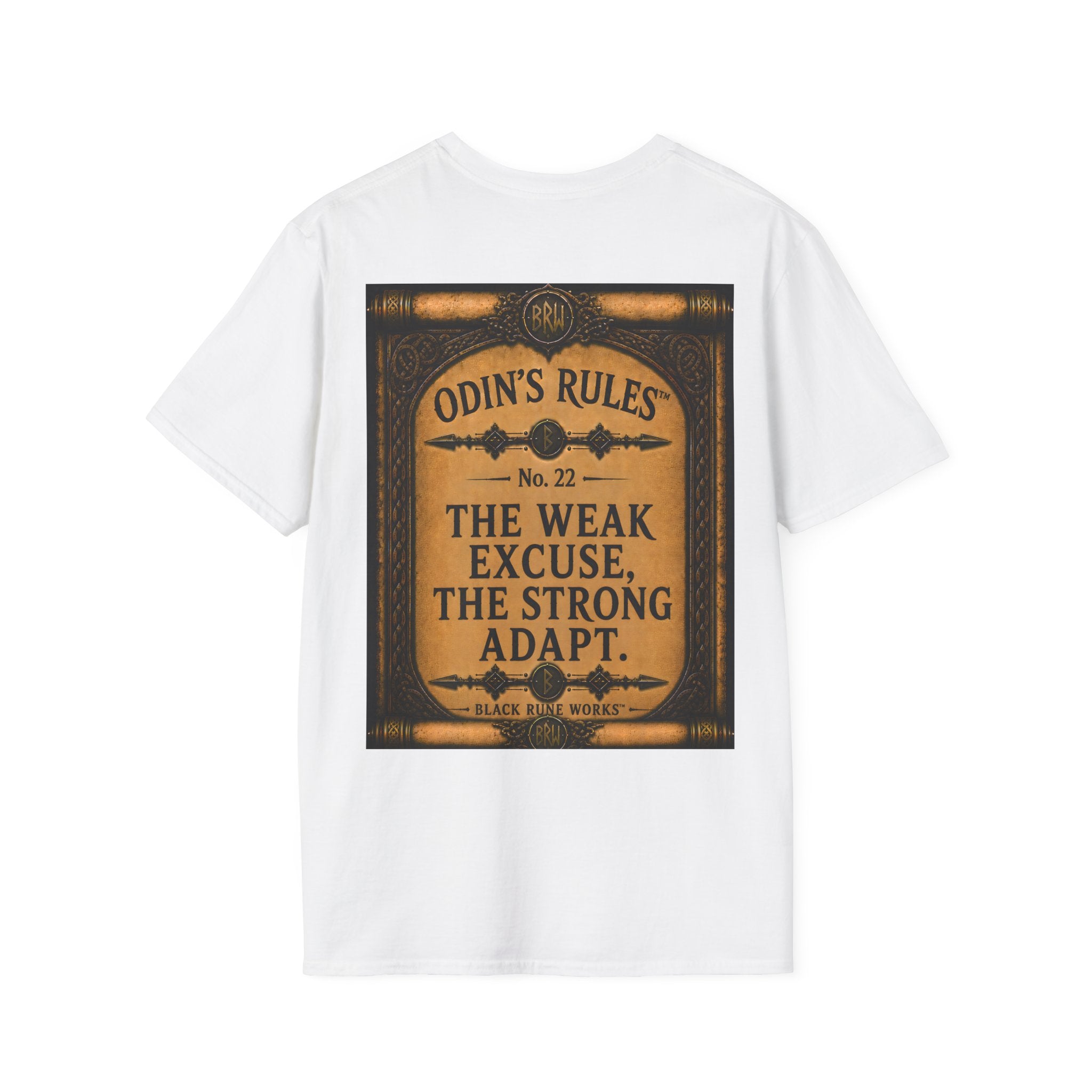 ODIN'S RULES™ No. 22 | The Weak Excuse The Strong Adapt | Viking Scroll Graphic T-Shirt | Black Rune Works